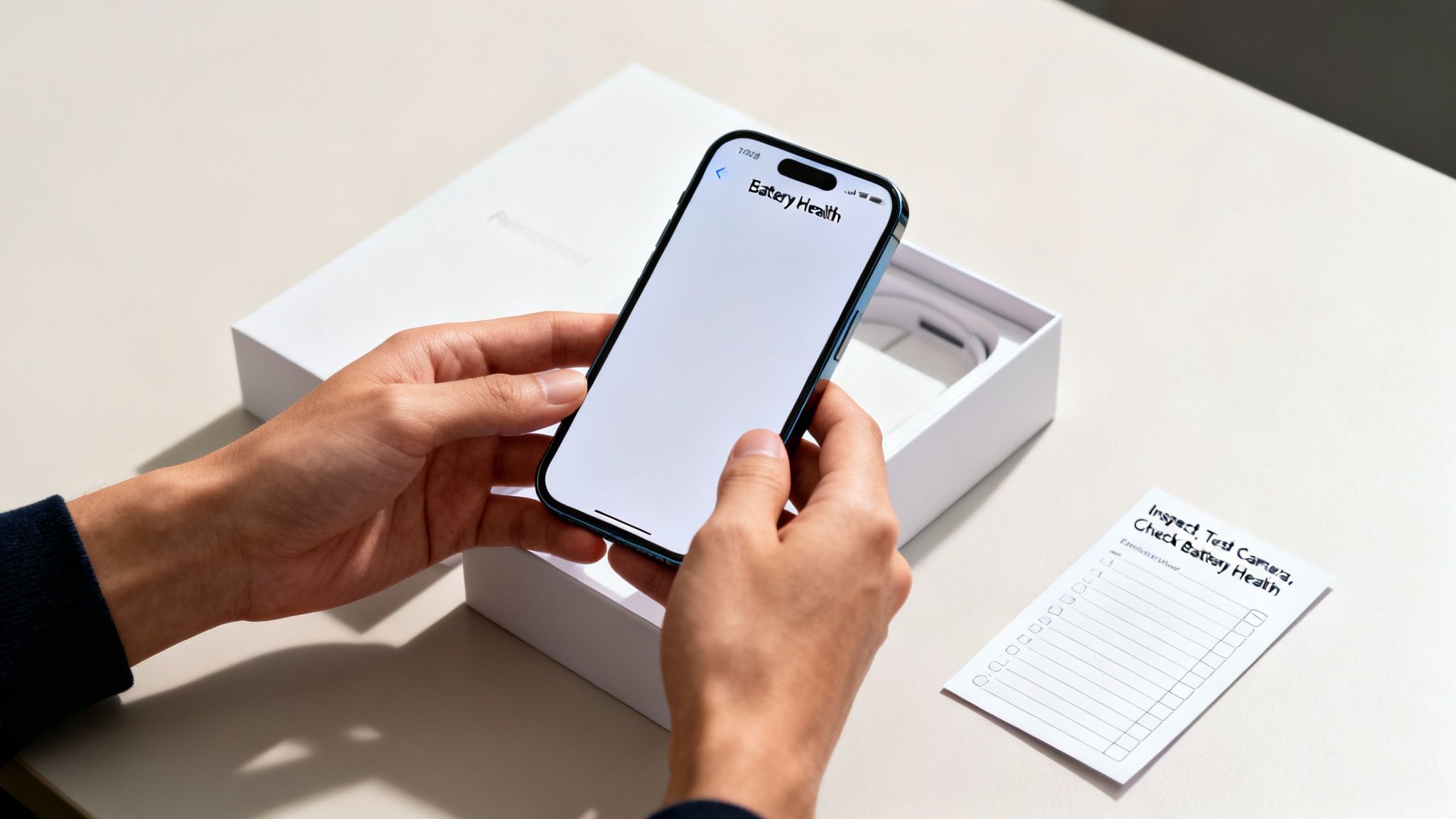 Hands holding a blue iPhone displaying 'Battery Health' screen, next to its open white box and a checklist.
