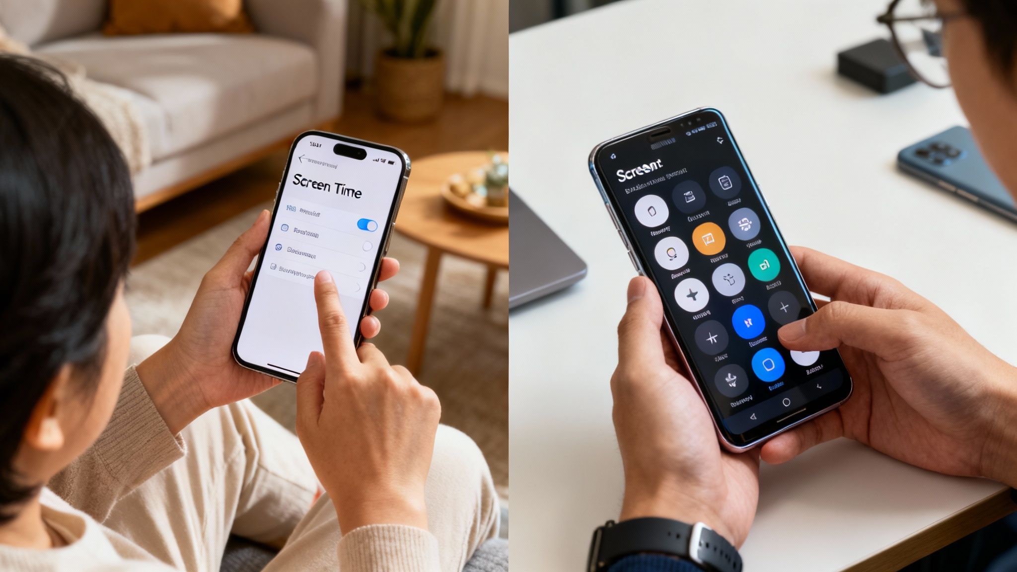 Two people hold and use smartphones, one an iPhone with Screen Time, the other a Samsung with an app.