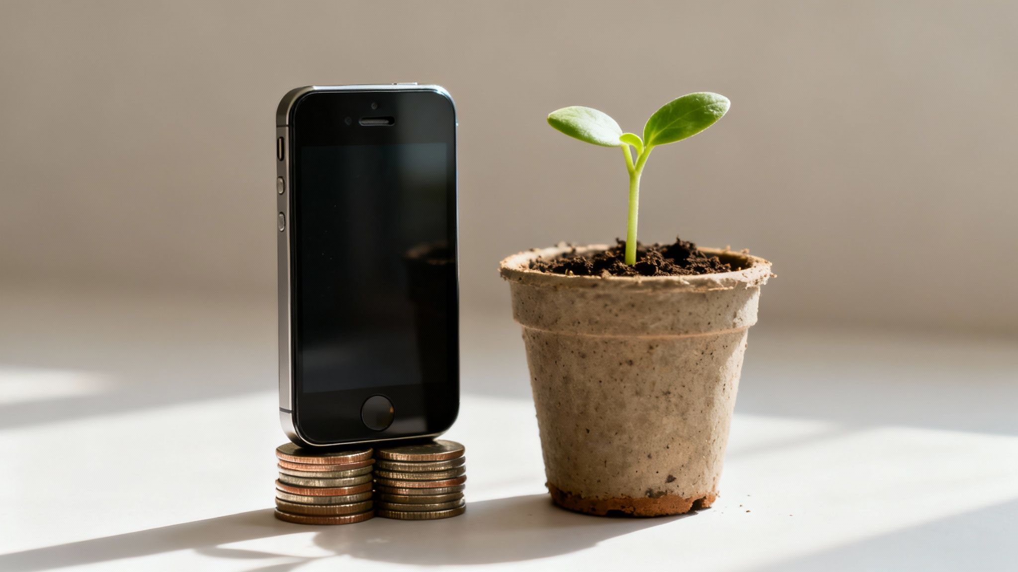 A smartphone balanced on stacks of coins, beside a young plant in a biodegradable pot.