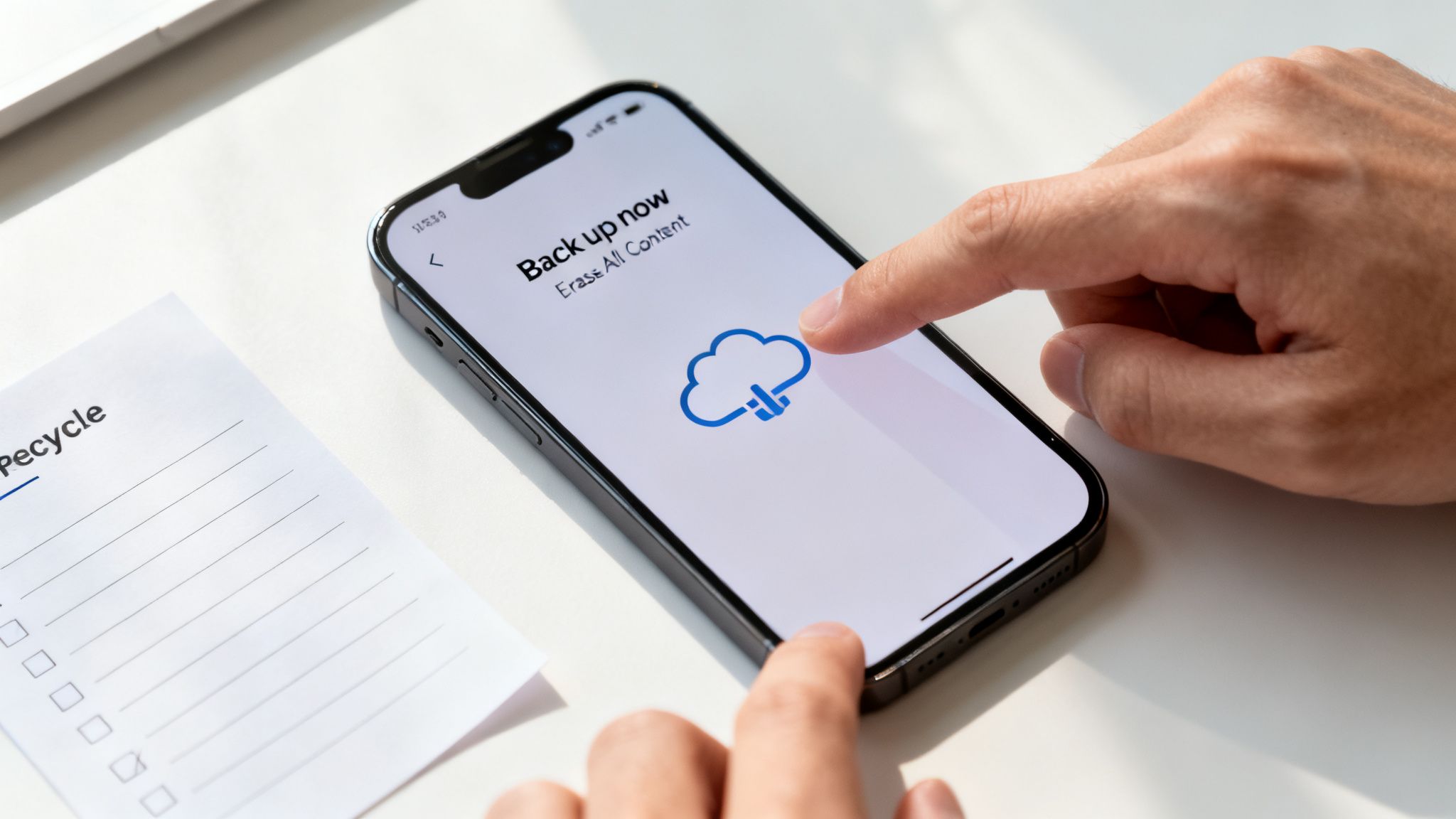 Person's hand tapping a smartphone screen displaying 'Back up now' and a cloud icon, next to a recycle checklist.