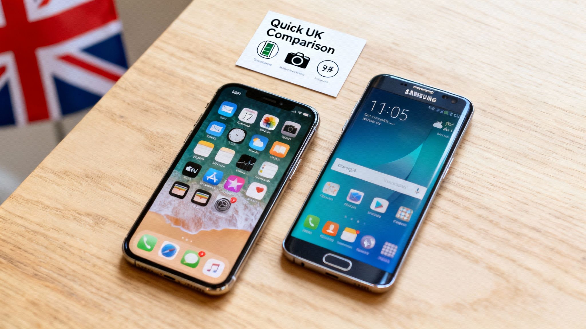An iPhone and a Samsung phone side by side on a wooden desk with a comparison card.