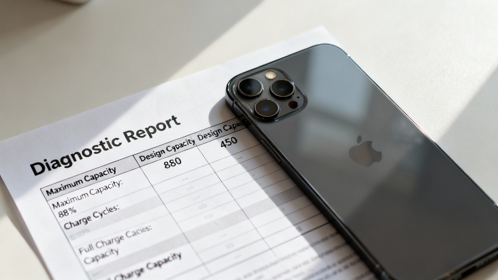 A dark grey iPhone 12 Pro Max lies on a battery diagnostic report showing 88% maximum capacity.