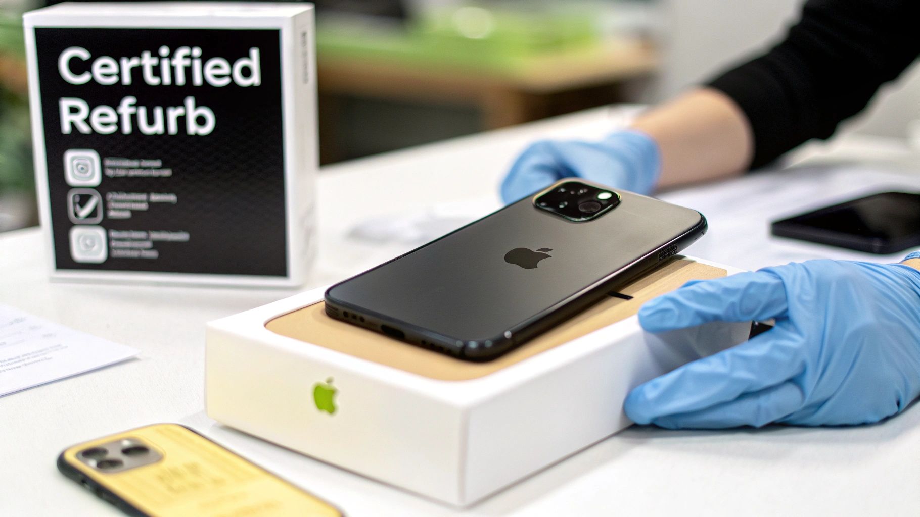 A refurbished iPhone being carefully inspected by a technician in a clean workshop