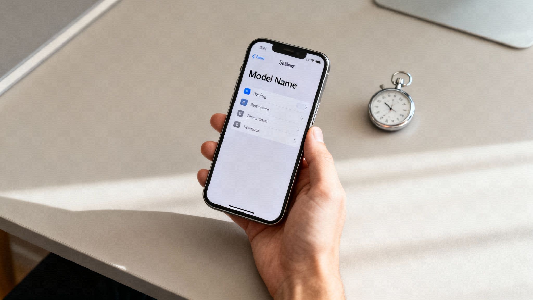 A person holds an iPhone displaying a 'Model Name' settings screen next to a stopwatch on a desk.