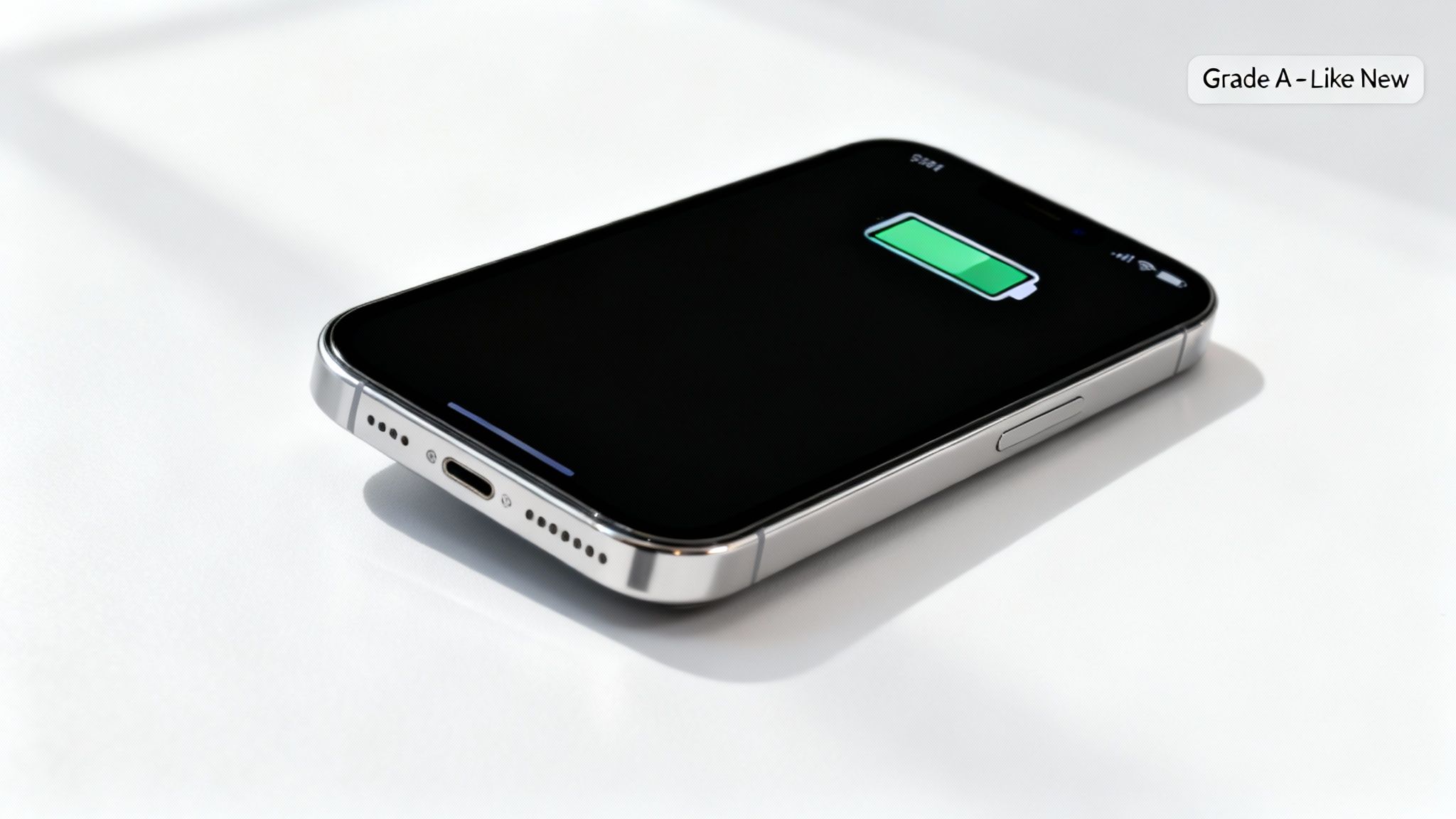 A silver iPhone with a green charging battery icon on its screen, showing 'Grade A - Like New'.