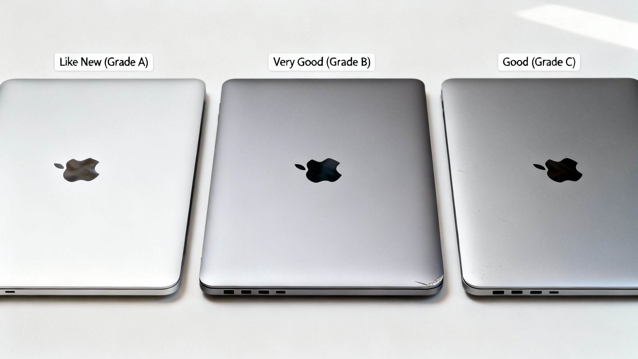 A Smart Buyer's Guide to a Refurbished MacBook Air in the UK 2 Three MacBook laptops, graded A, B, and C, illustrating different cosmetic conditions from like new to good.