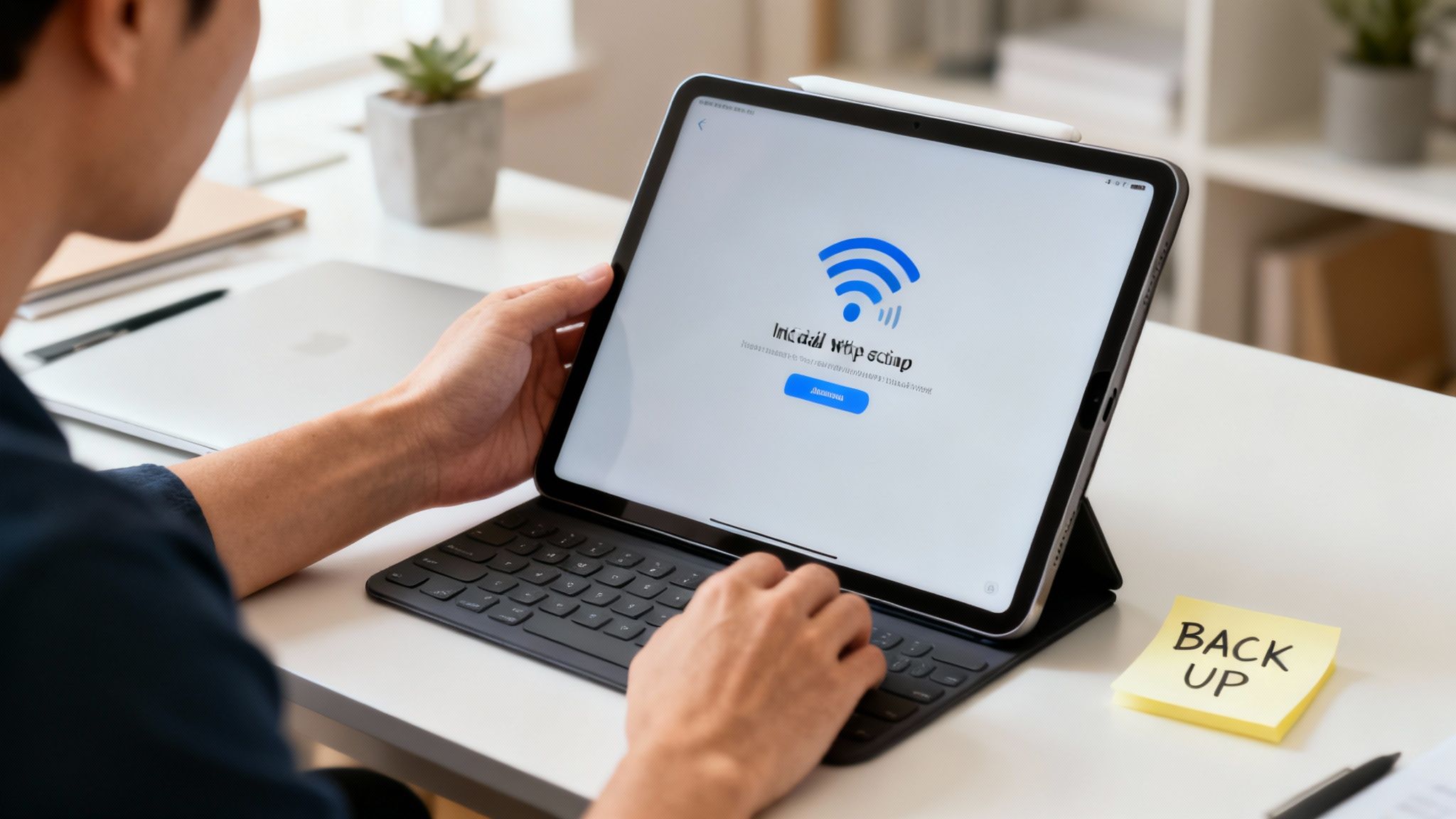 A person setting up a tablet with a Wi-Fi screen, next to a 'BACK UP' note.