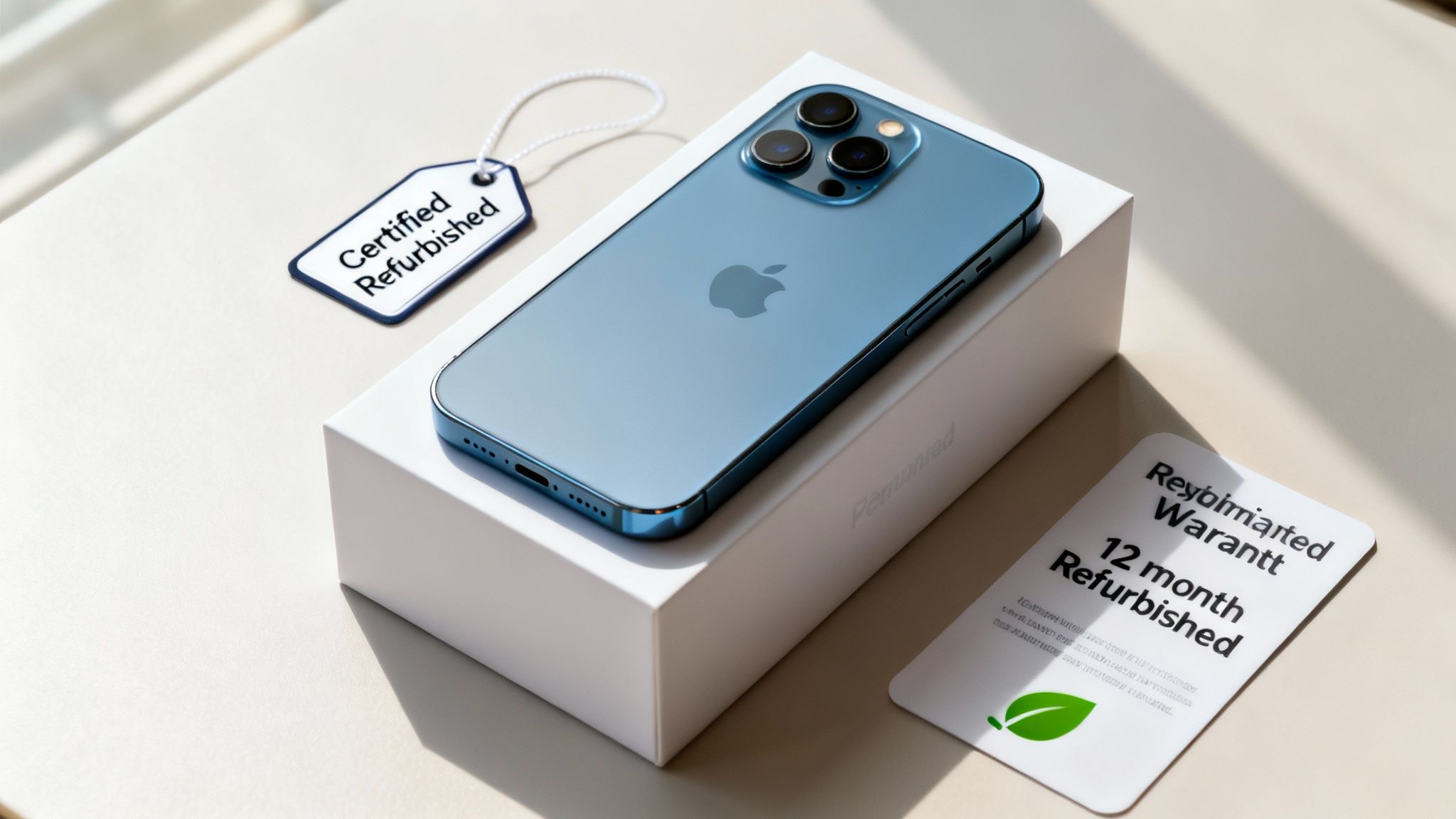 A blue refurbished iPhone on its box, accompanied by a 'Certified Refurbished' tag and a 12-month warranty card.