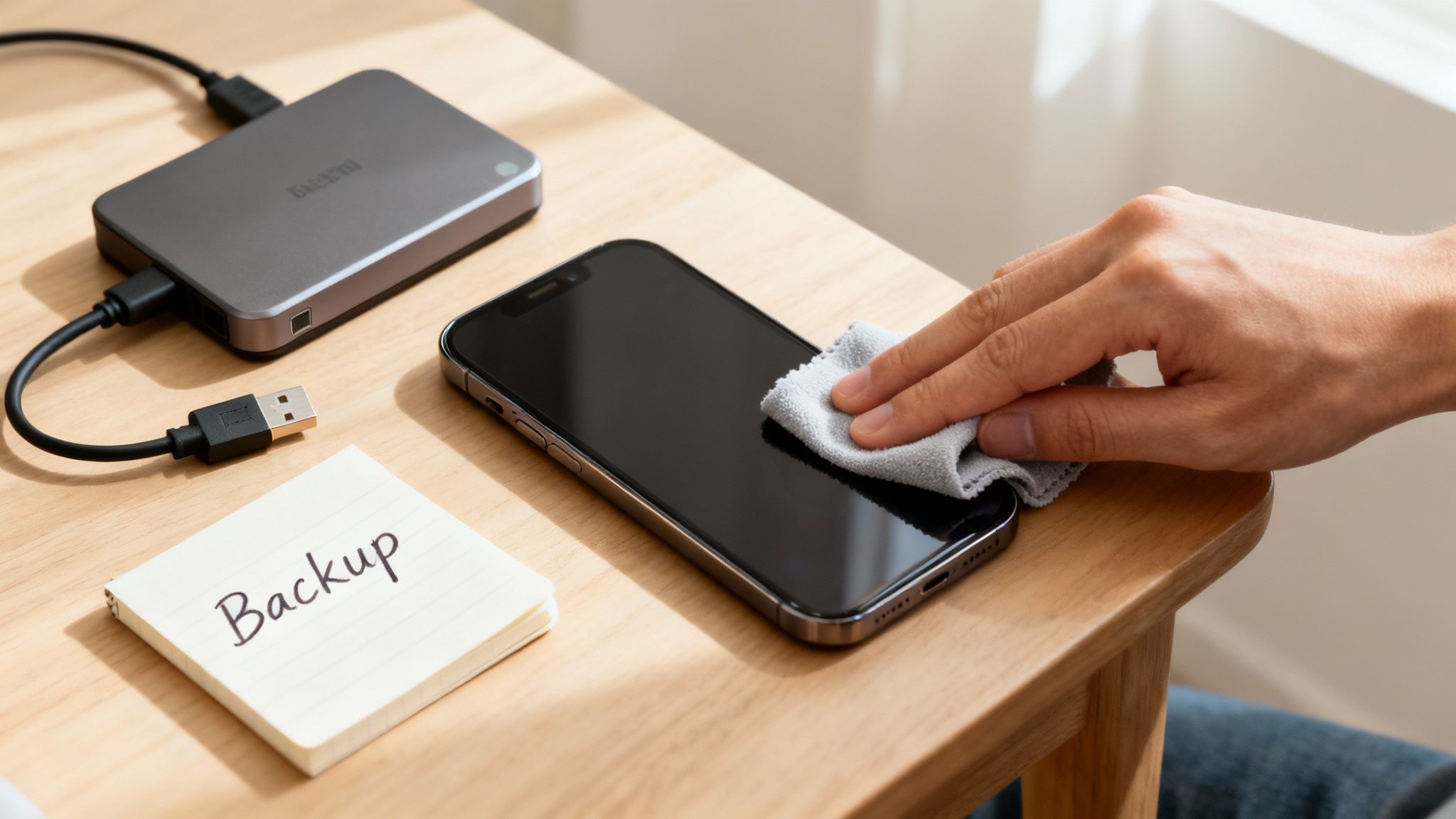 A hand cleans a smartphone with a gray cloth next to an external hard drive and a 'Backup' note on a wooden table.