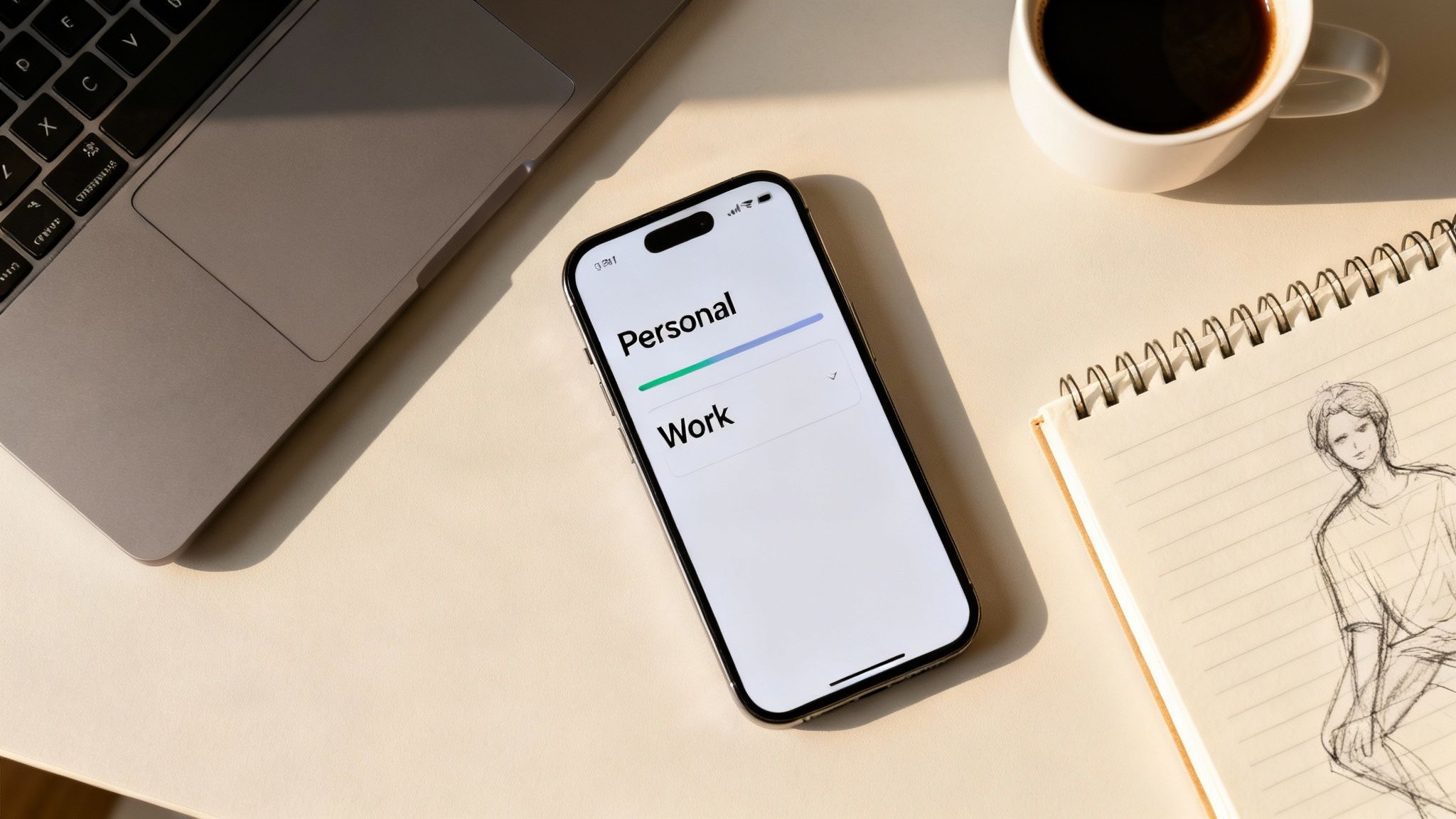Overhead view of a modern workspace with a laptop, smartphone displaying 'Personal' and 'Work', coffee, and a sketch notebook.