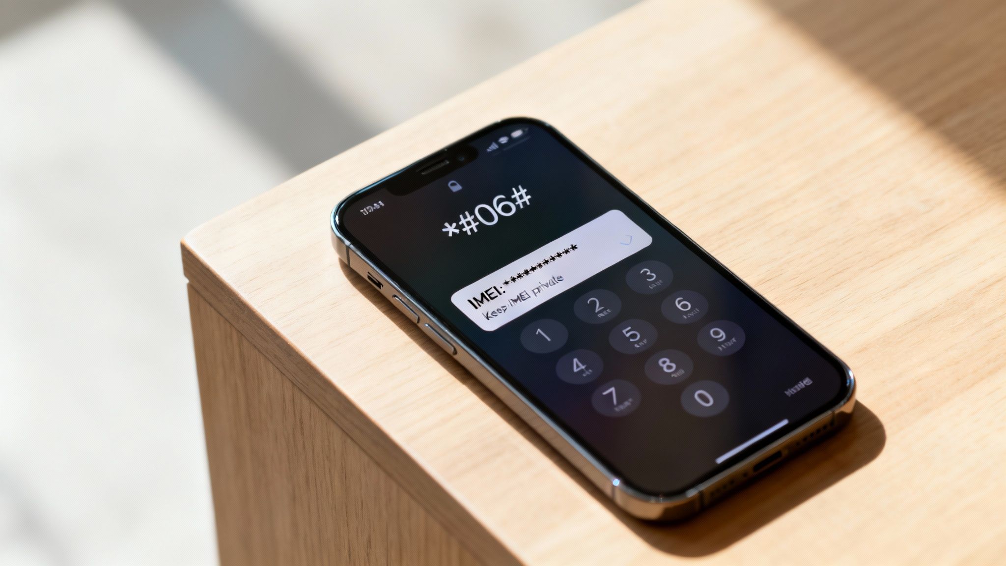 A smartphone screen displaying the *#06# code and IMEI information on a wooden table.