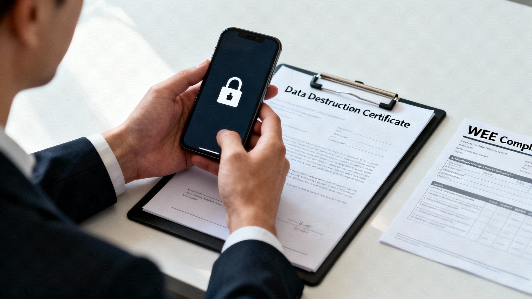 A person holding a smartphone with a lock icon, next to documents about data destruction and WEEE compliance.