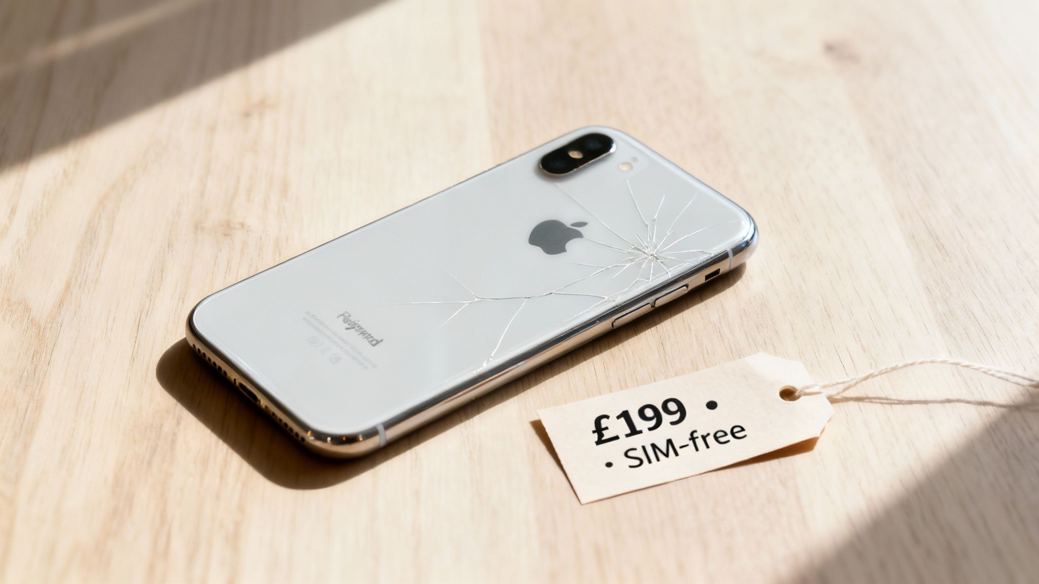 A silver iPhone with a cracked back and a Refurbished label, priced at £199 SIM-free on wood.