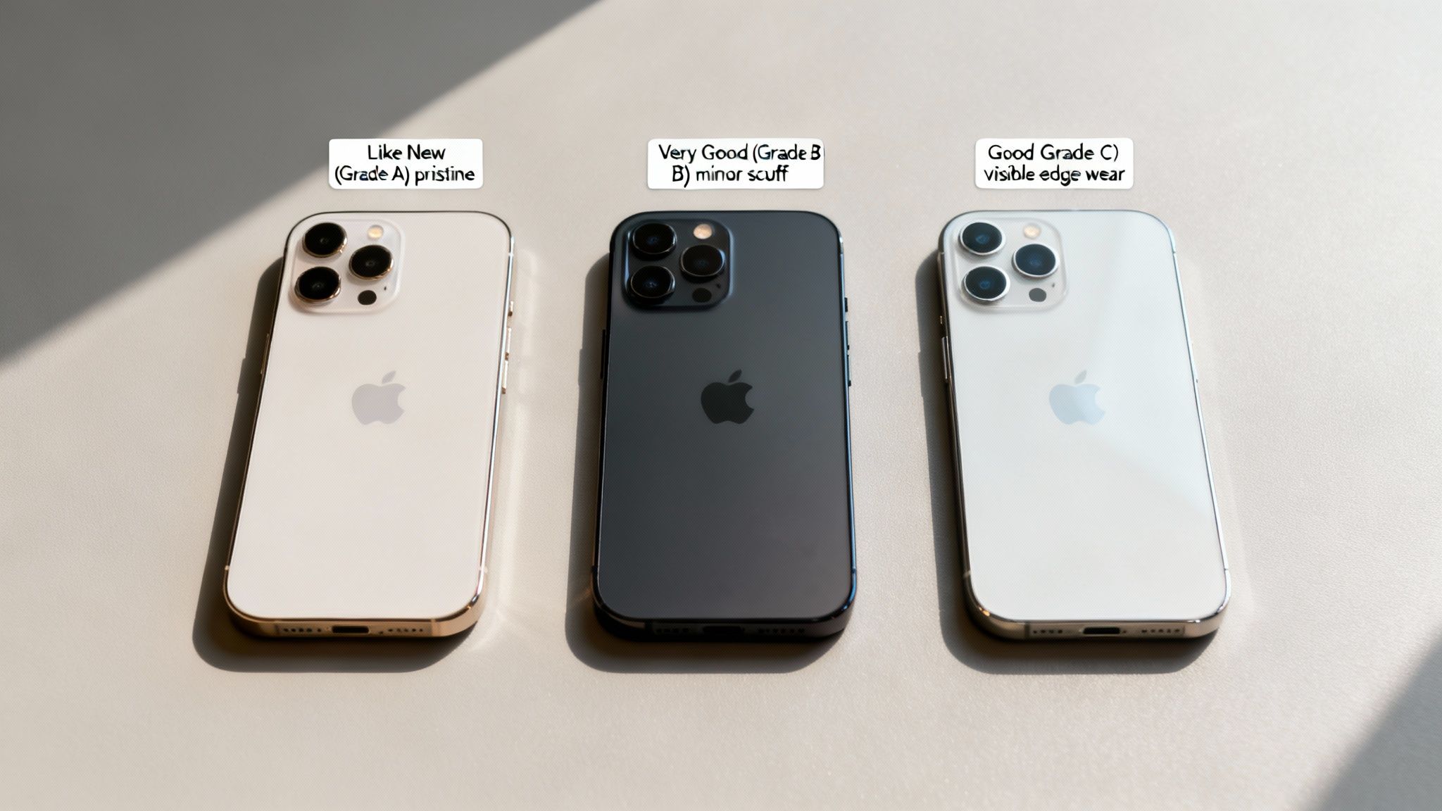 Three iPhones are displayed side-by-side, showcasing different cosmetic grades: Like New, Very Good, and Good.