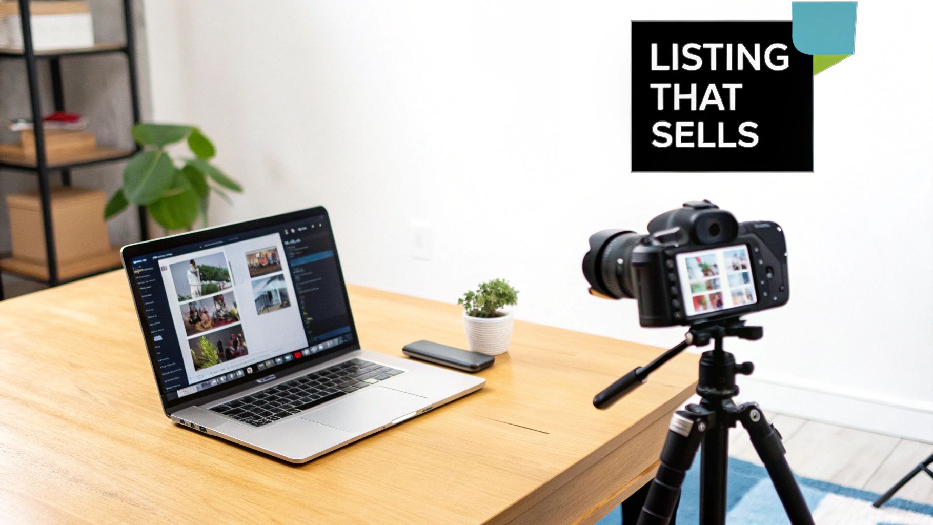 A laptop open on a desk with a camera lens next to it, showing it's ready for a photoshoot.