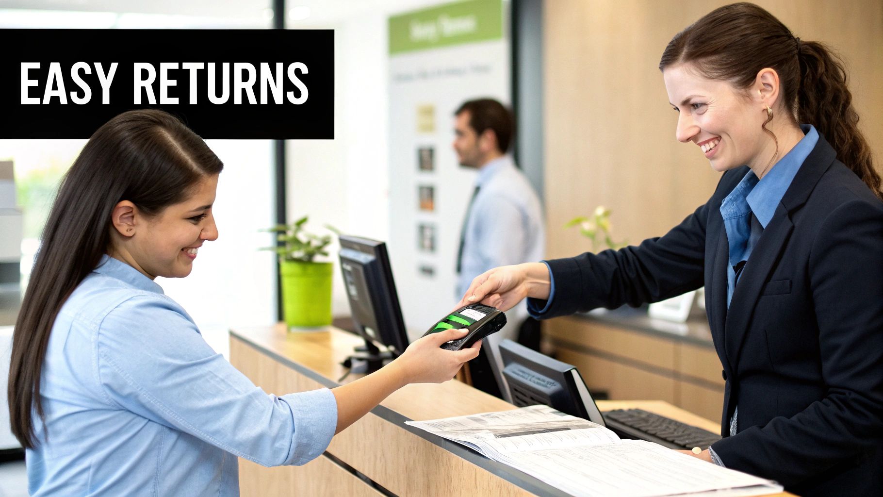 A person smiling while looking at their smartphone, with a comfortable home background.