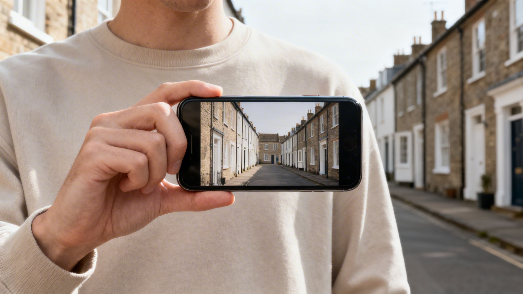A person holds a smartphone displaying a photograph of a quaint, narrow street with historic houses.