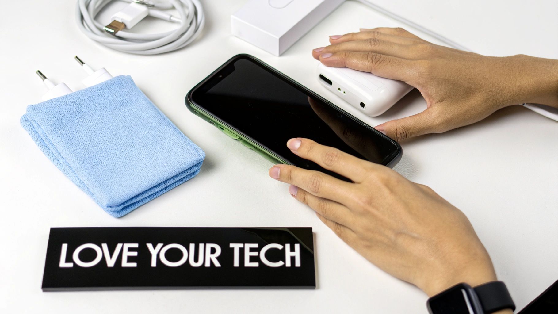 A person's hands carefully cleaning the screen of a modern smartphone with a soft cloth.