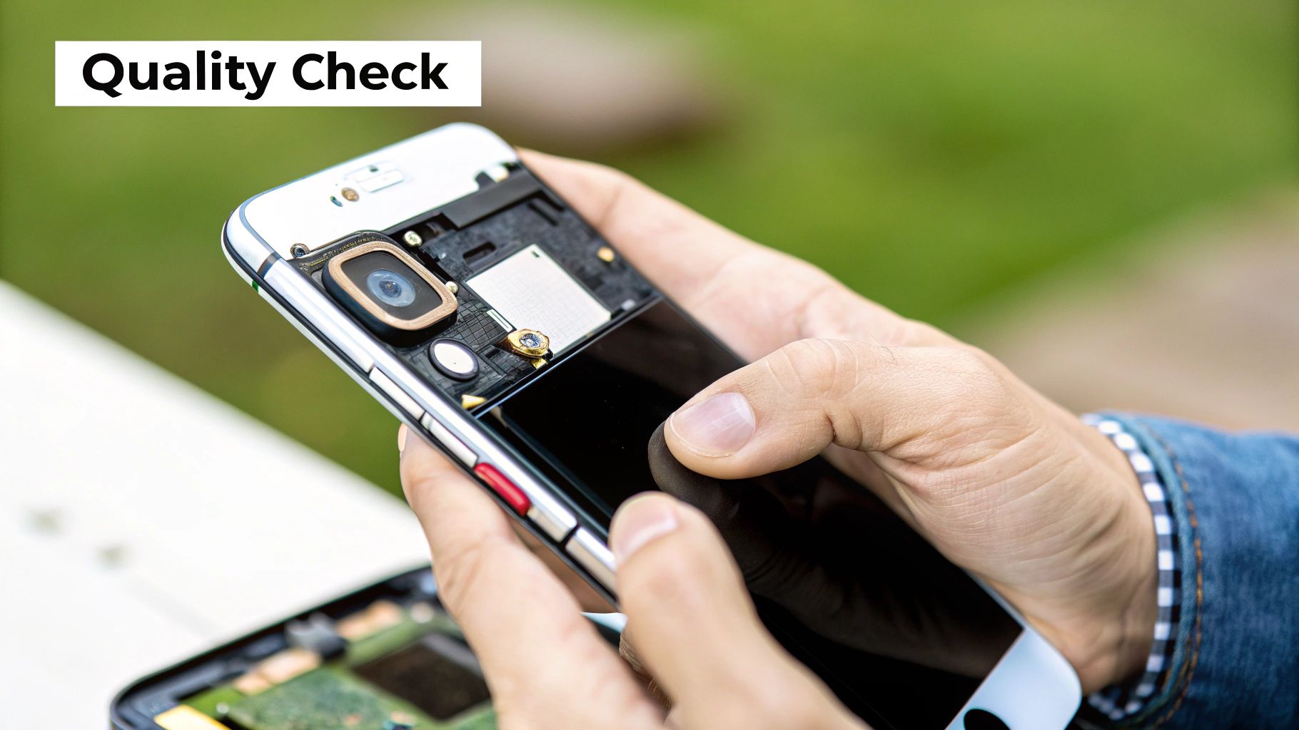 A person happily unboxing a refurbished phone in a modern, clean setting.