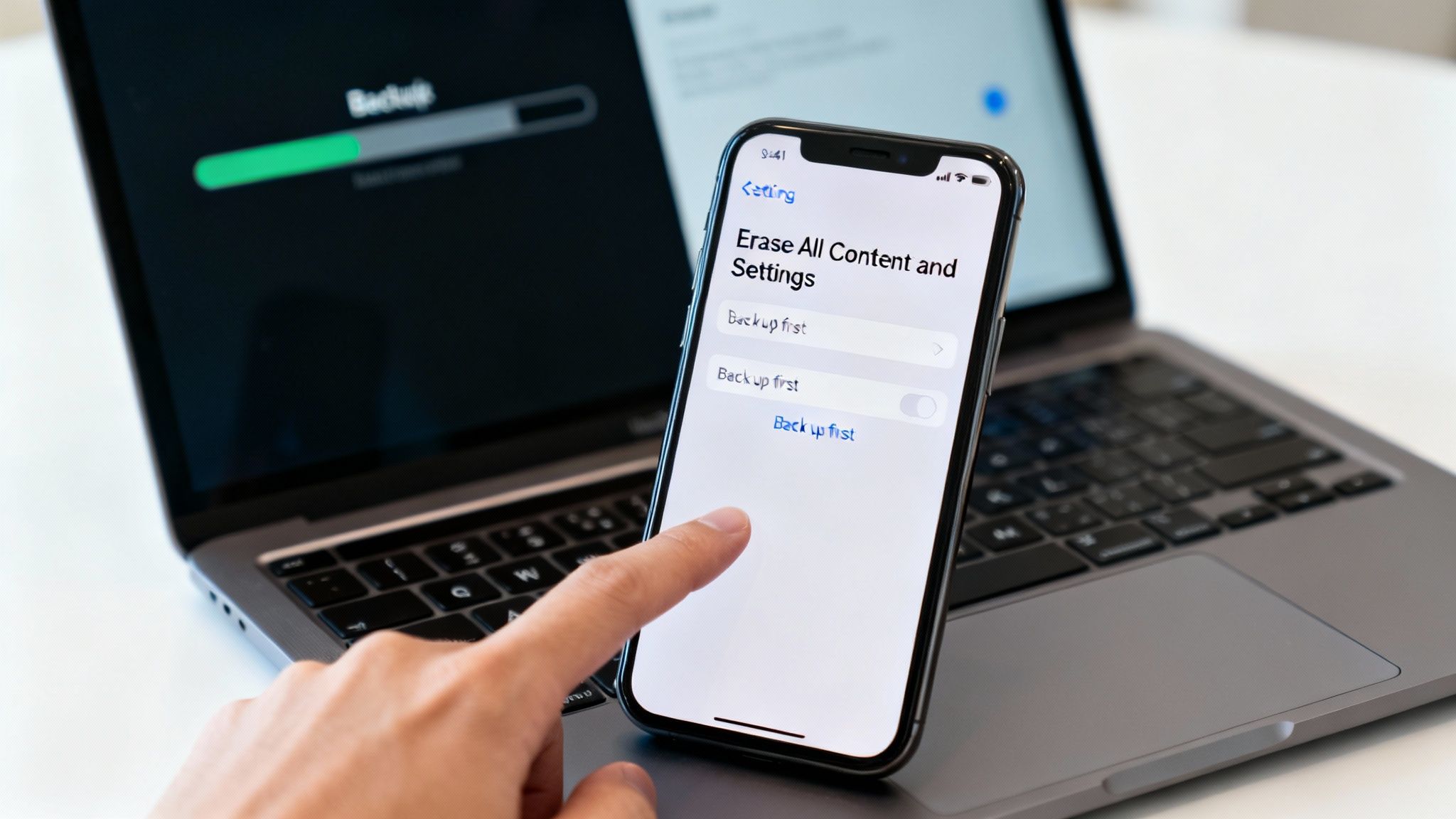A person is tapping an iPhone screen showing 'Erase All Content and Settings' while a laptop backs up data.
