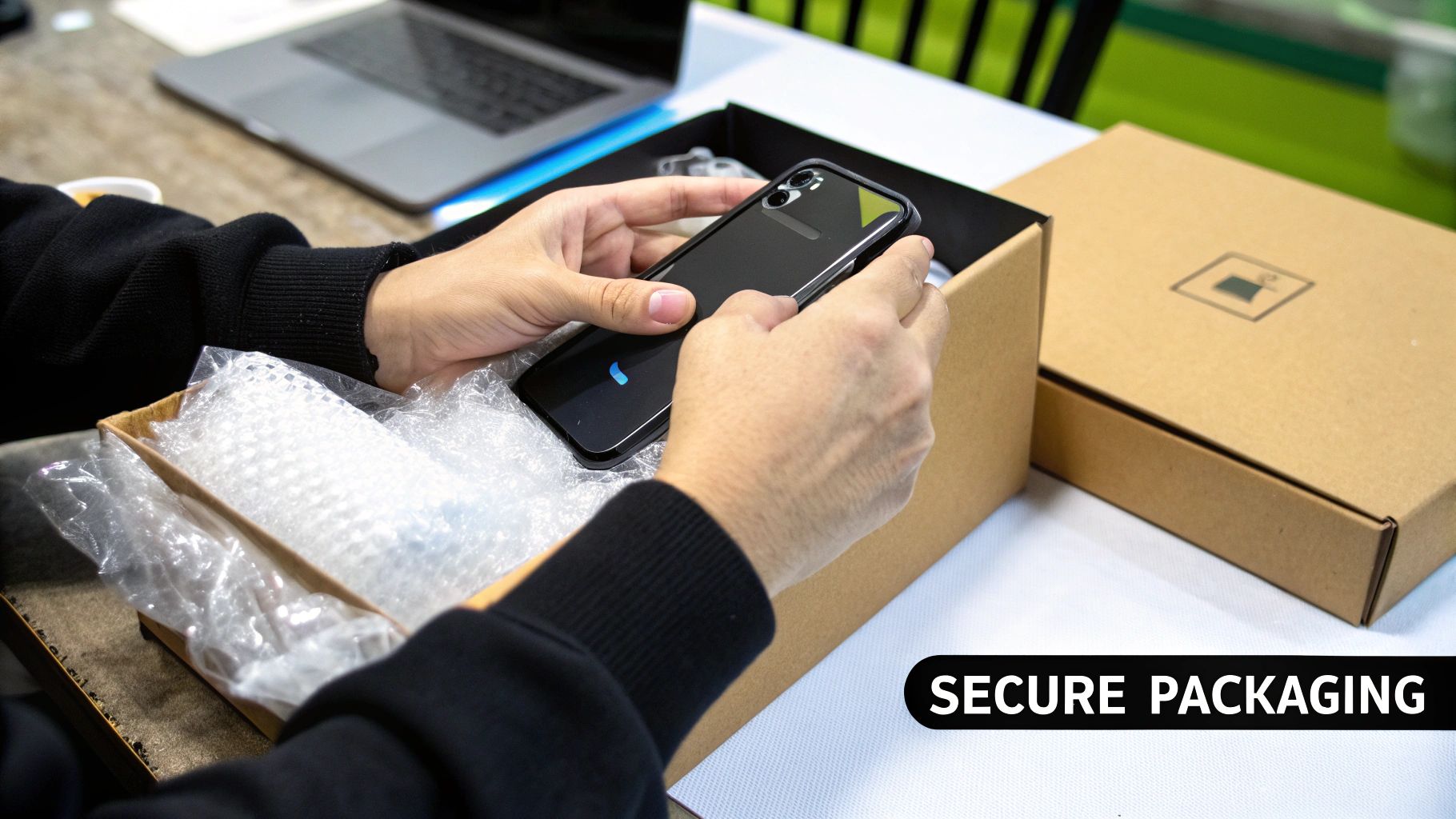 A neatly packed box containing an iPhone, with bubble wrap and a shipping label ready to be attached.