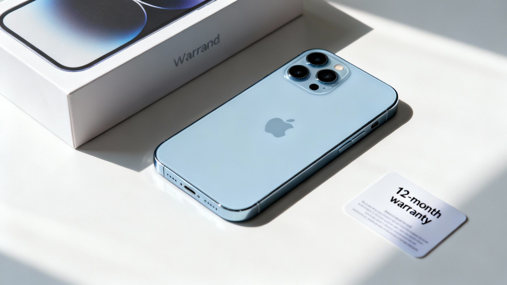 A light blue iPhone, its white box labeled 'Warrand', and a '12-month warranty' card on a white surface.