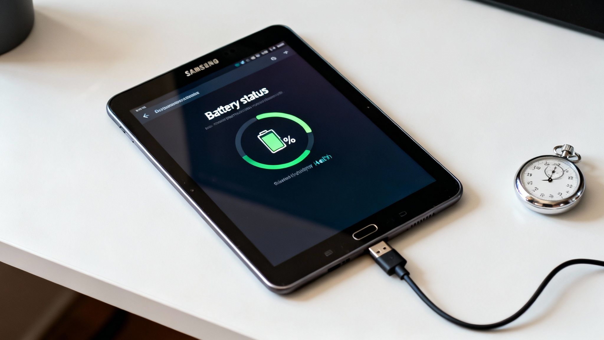 A Samsung tablet displaying battery status is charging on a white table next to a stopwatch.