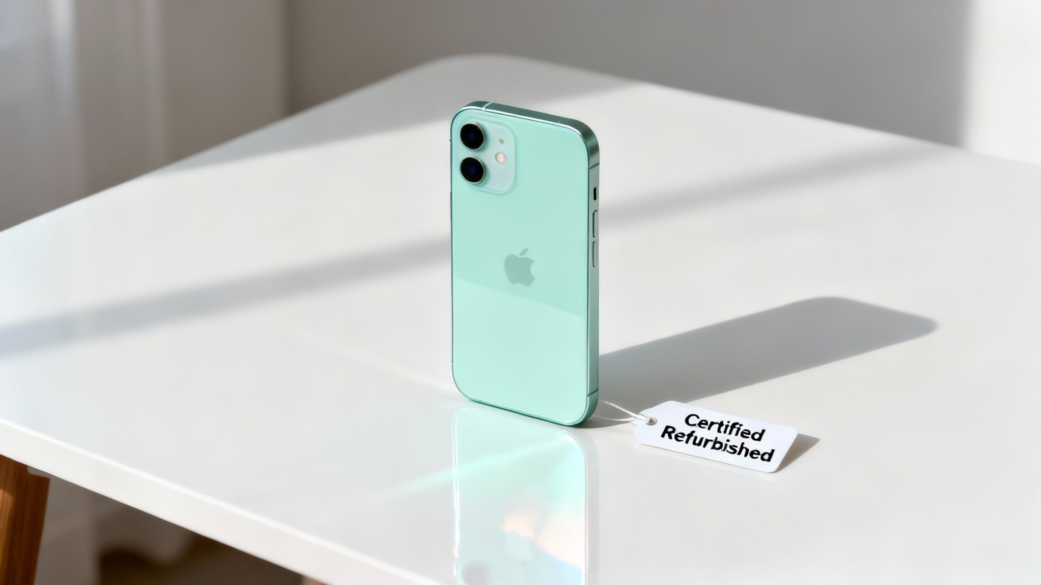 A mint green iPhone 12 stands on a reflective white surface with a 'Certified Refurbished' tag.