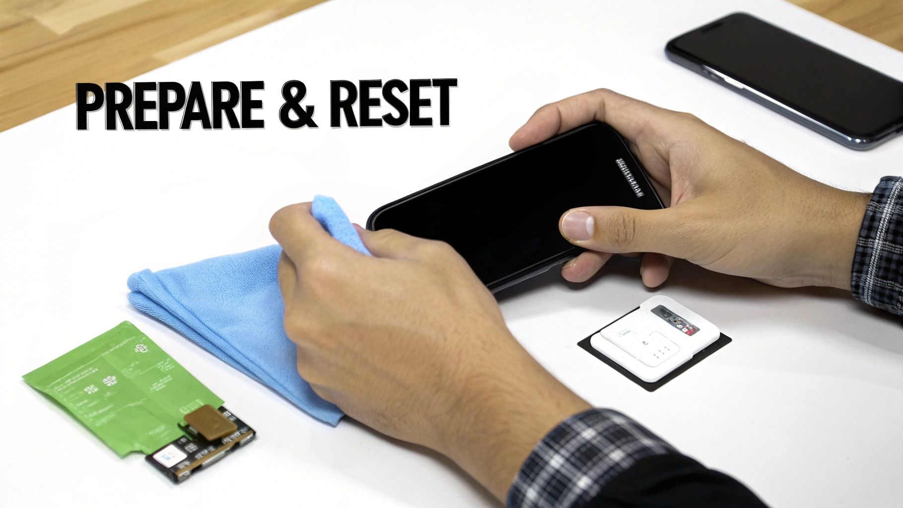A person carefully cleaning their smartphone screen before selling it.