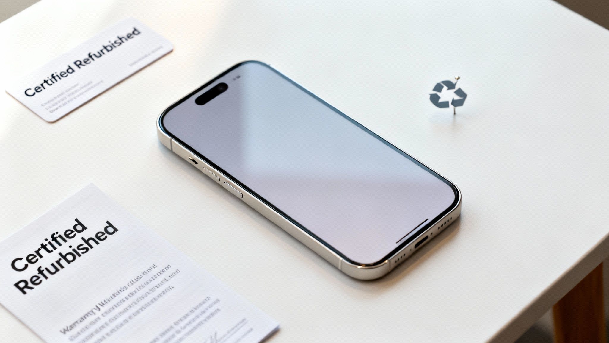 A silver smartphone on a white table with 'Certified Refurbished' documents and a recycling pin.