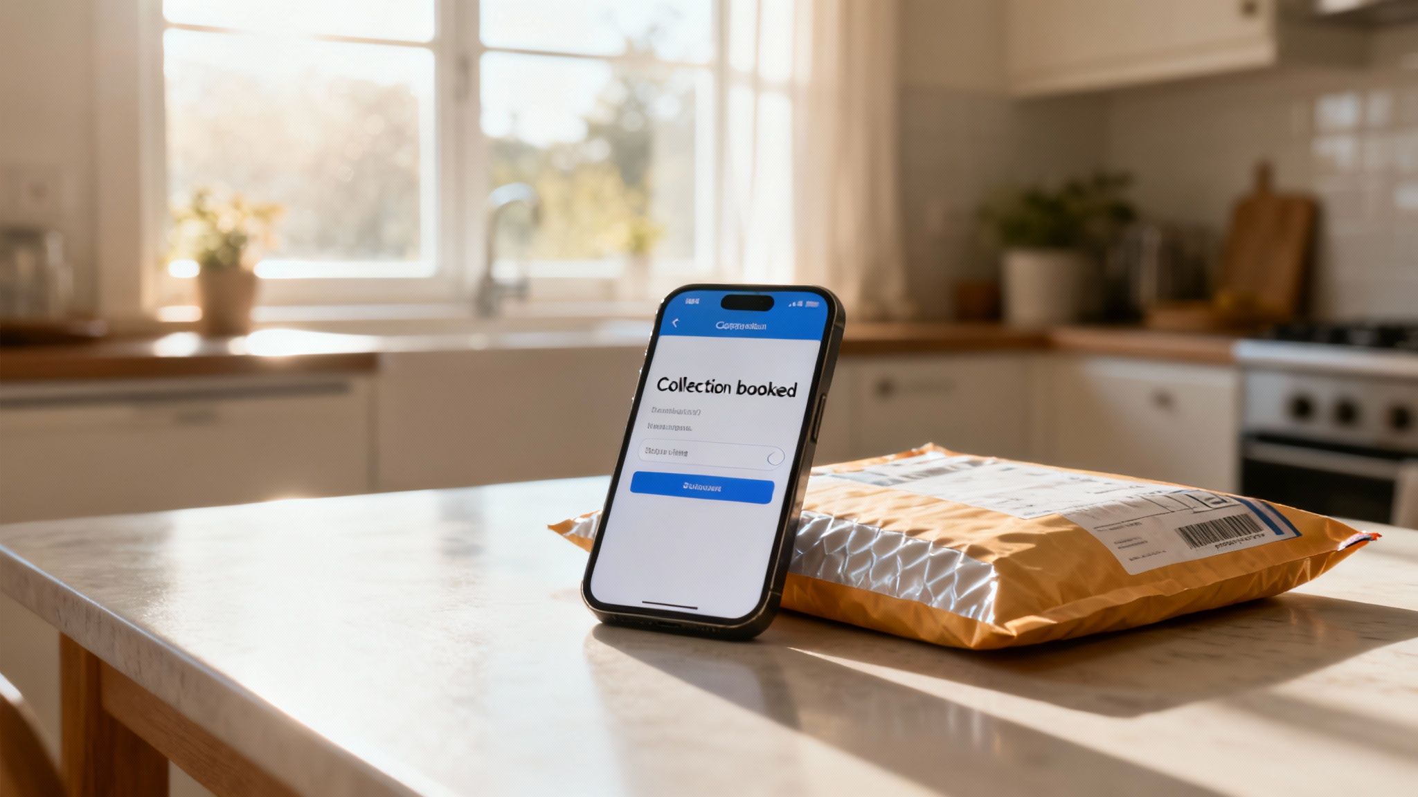 A smartphone showing 'Collection booked' screen next to a brown padded parcel on a kitchen table.