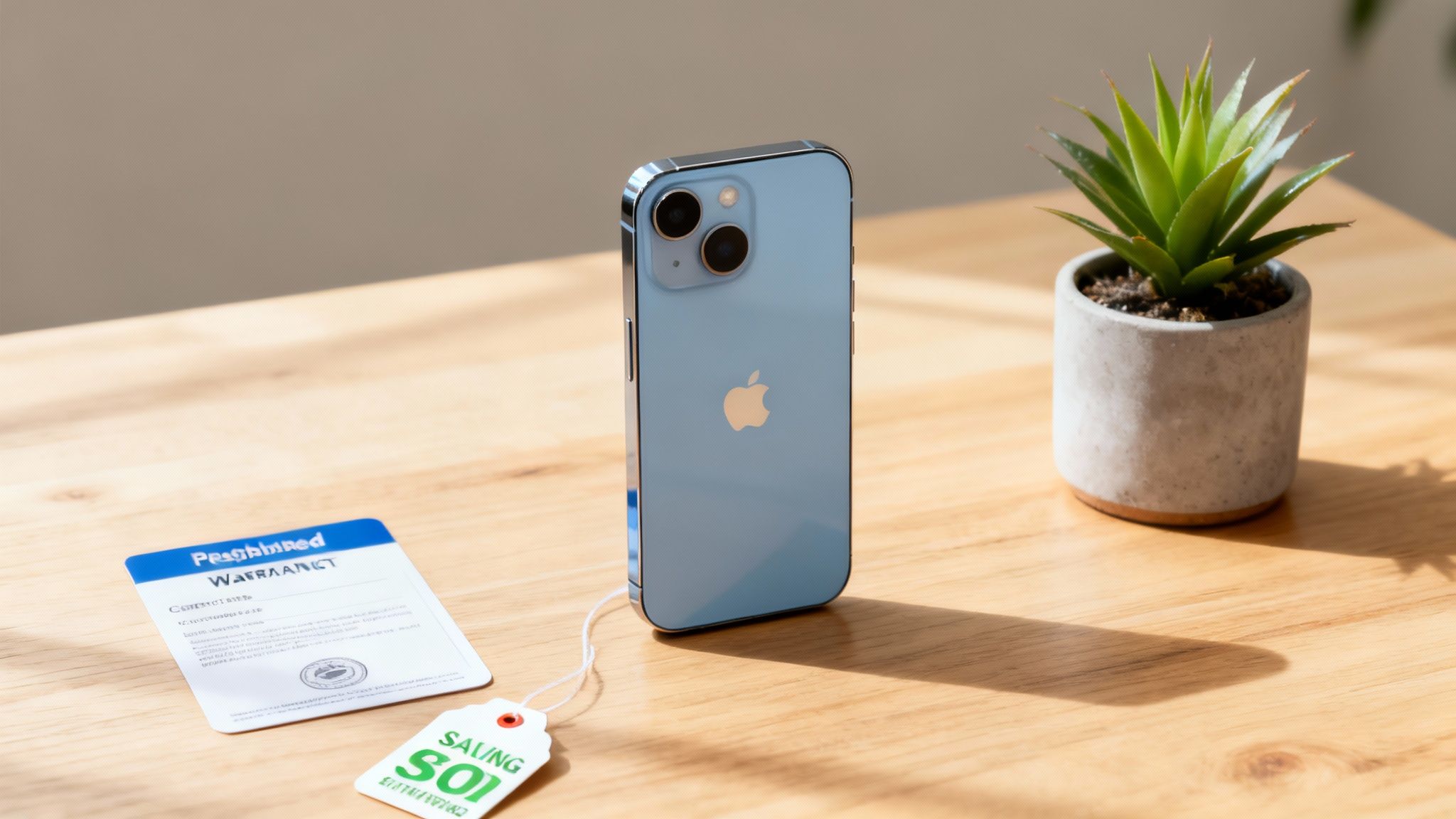 A light blue iPhone 14 standing on a wooden table with a refurbished warranty card and plant.