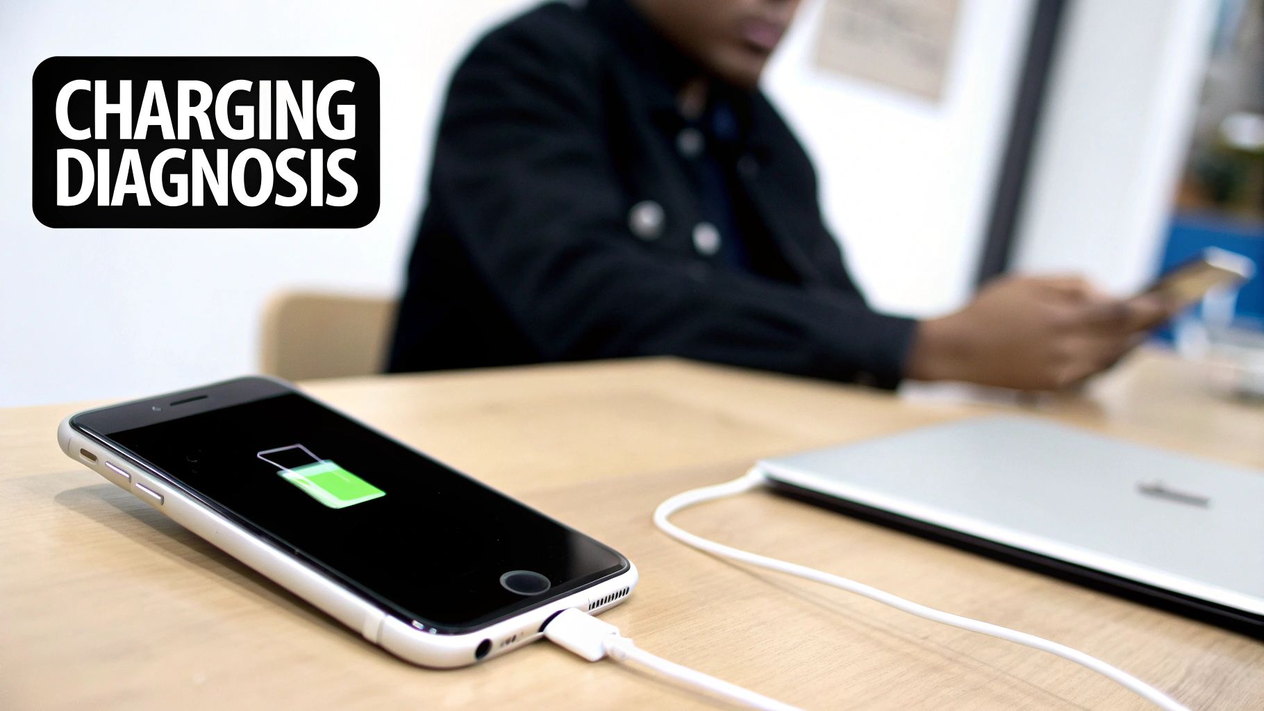 A person holding an iPhone that is connected to a charging cable, with a frustrated expression.