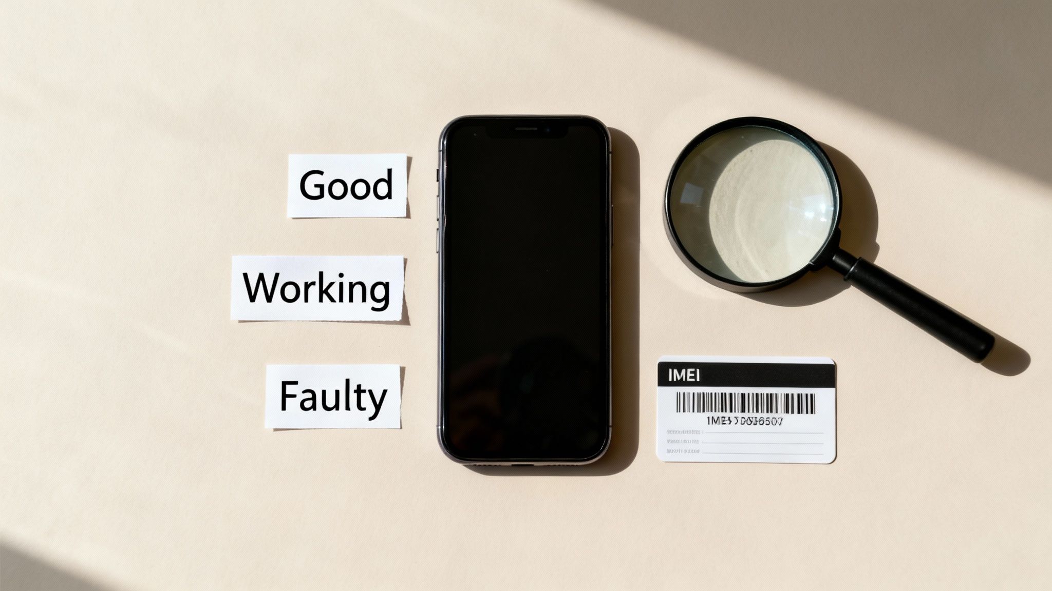 A smartphone, magnifying glass, and labels 'Good', 'Working', 'Faulty' for phone condition assessment.