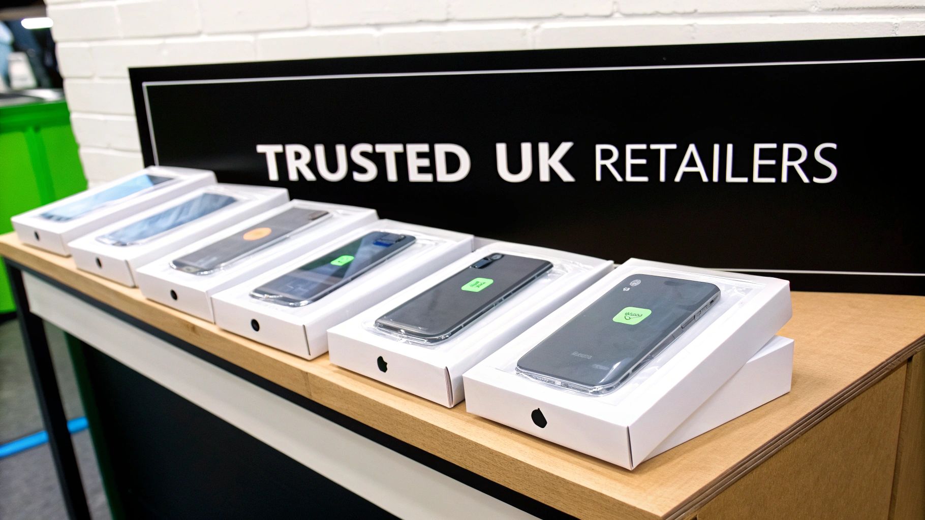 A person happily unboxing a refurbished iPhone, with a clean and modern room in the background, symbolising a smart purchase.