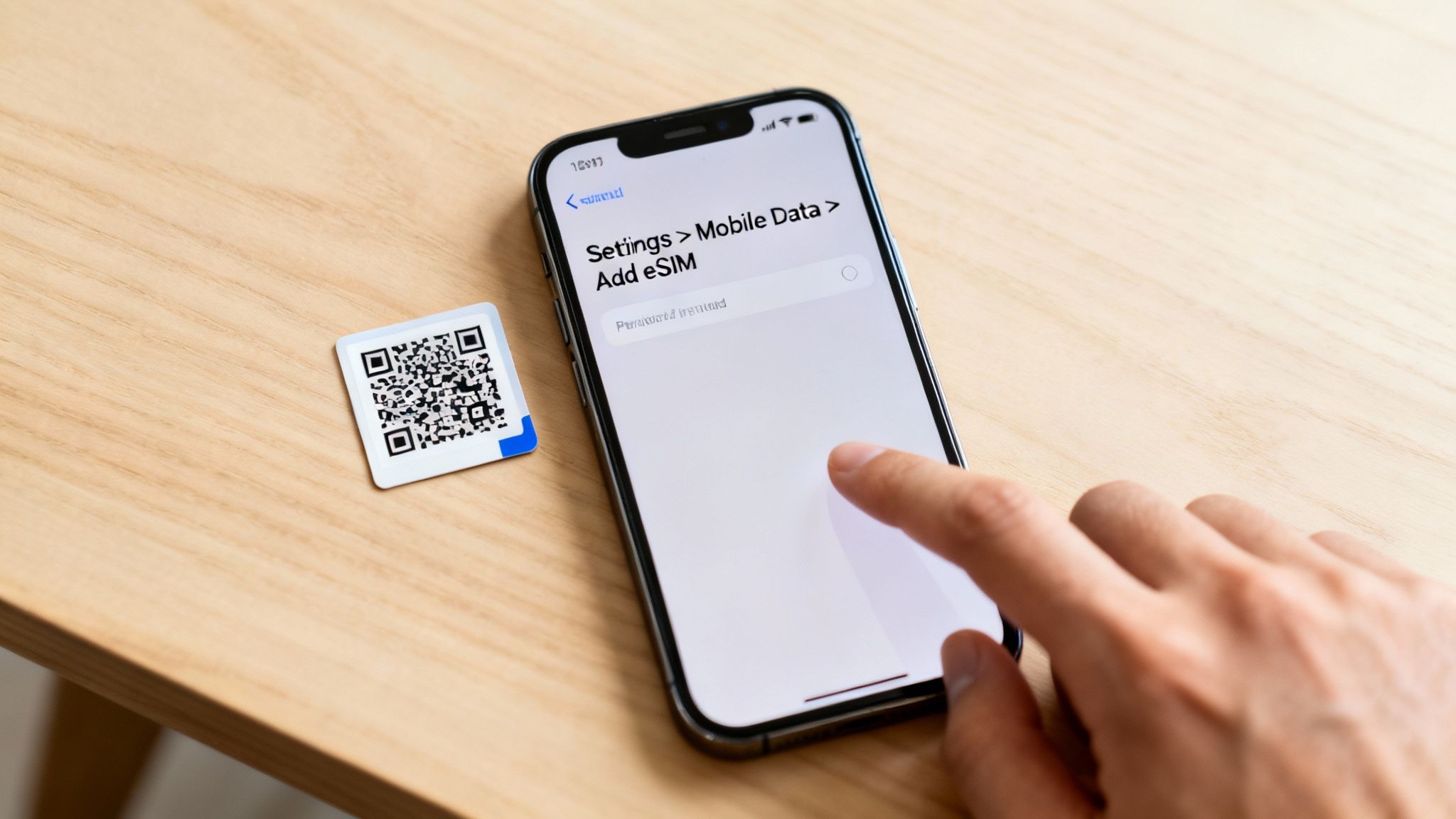 A hand setting up an eSIM on an iPhone next to a QR code for mobile data activation.