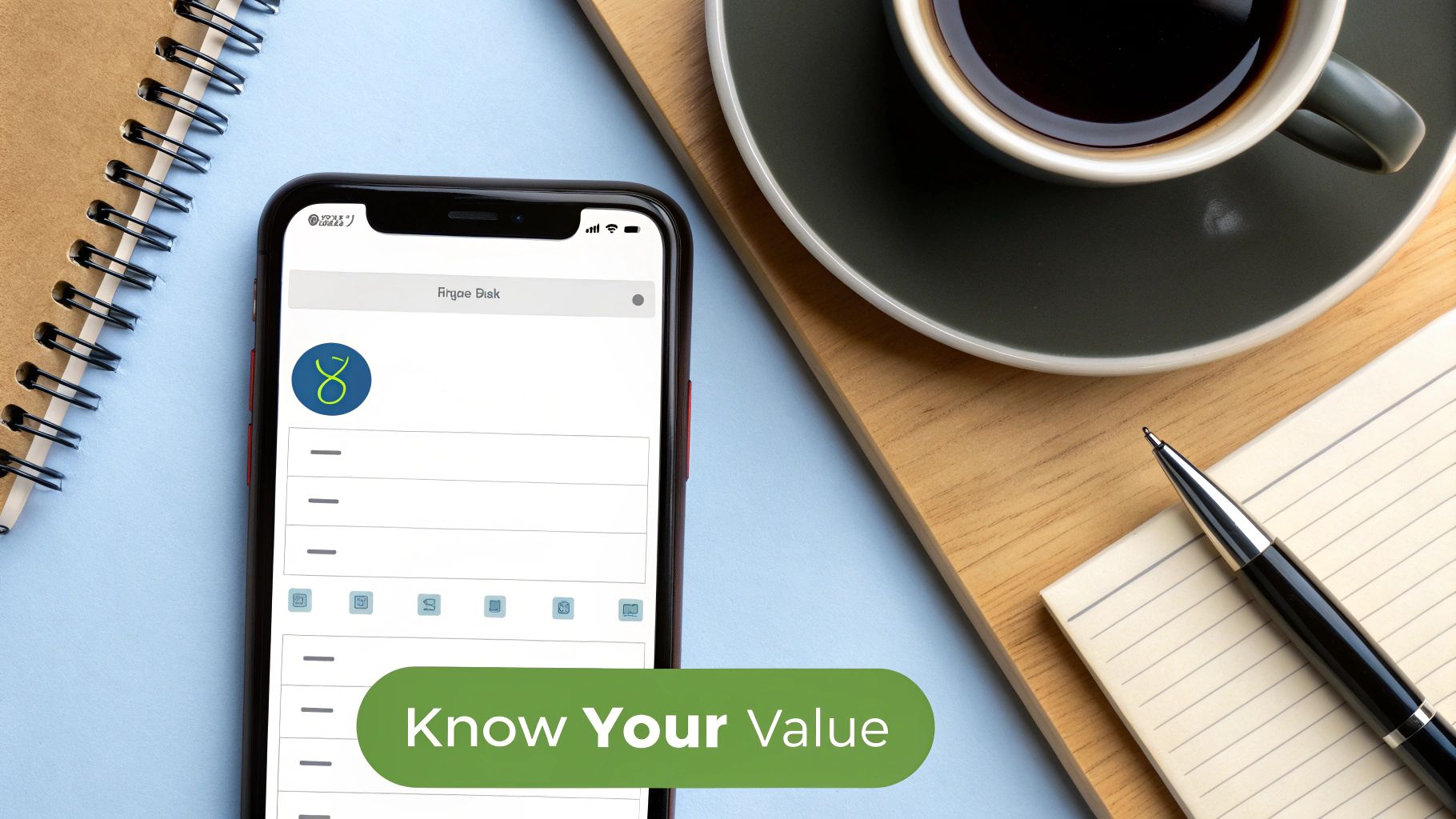 A person holding an iPhone displaying a price comparison chart, with a calculator and notepad nearby.