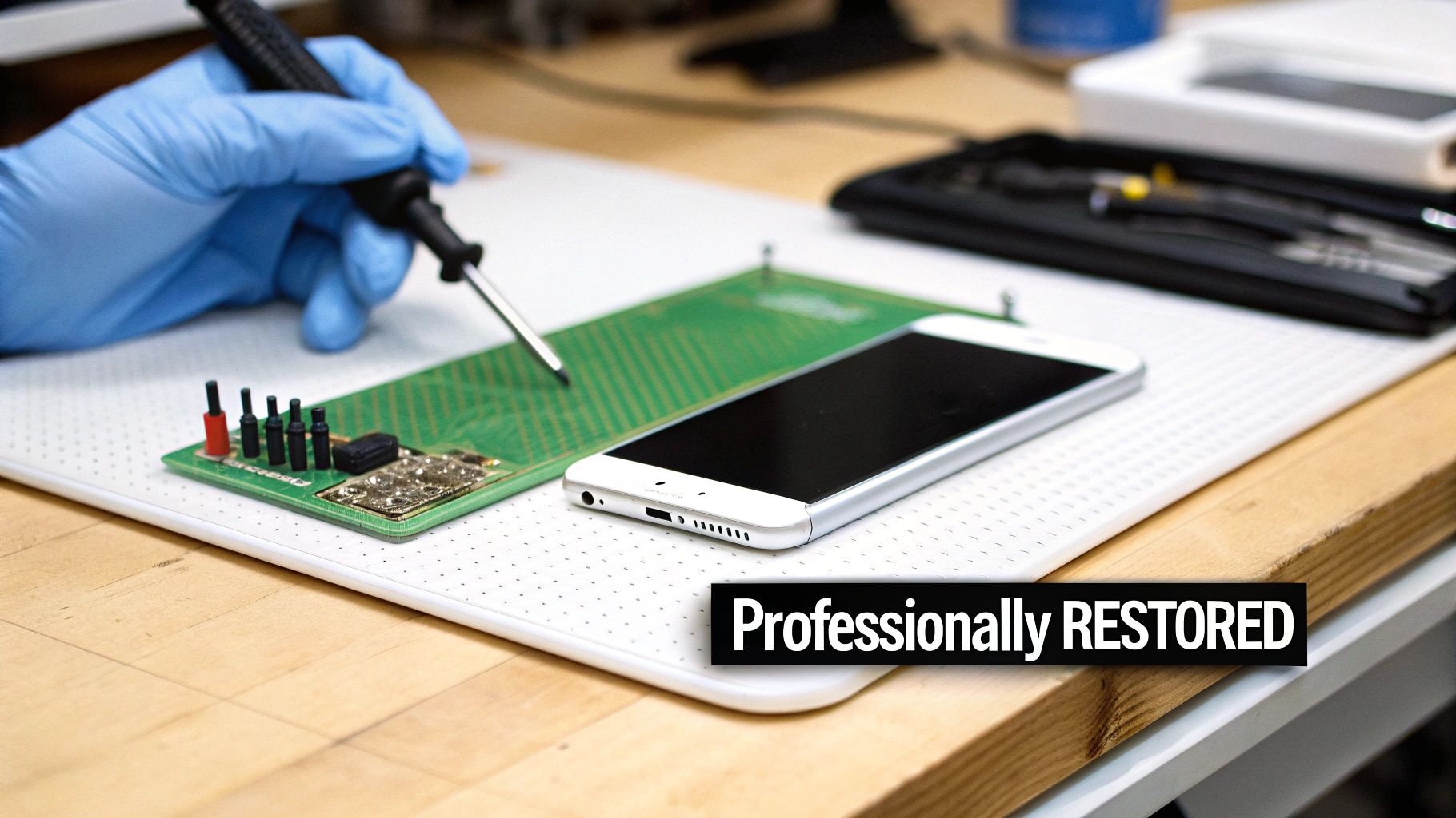 A person holding a refurbished iPhone, showing its clean screen and excellent condition.