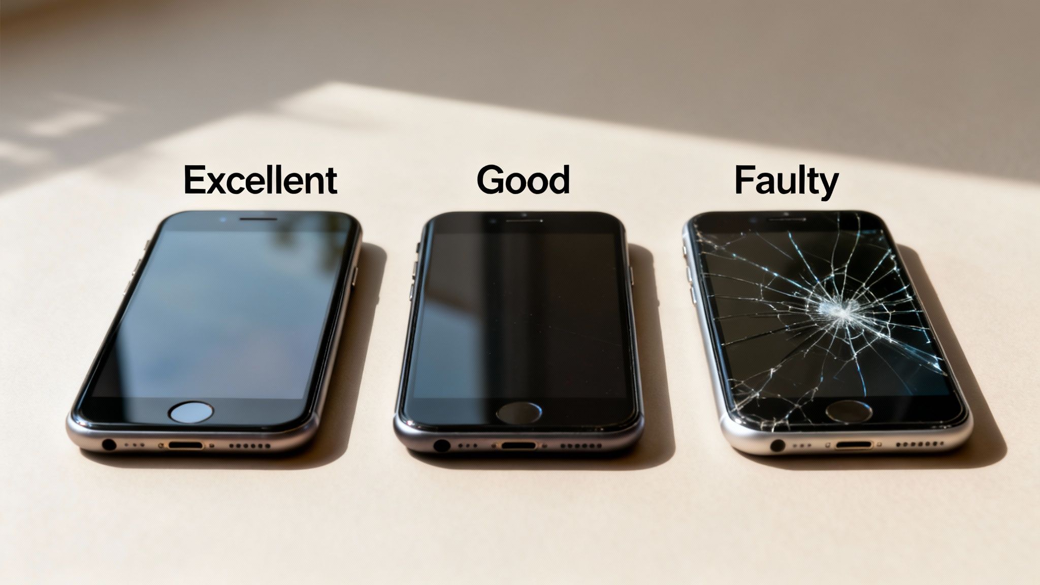 Three iPhones lined up, showing conditions: excellent, good, and one with a cracked screen.