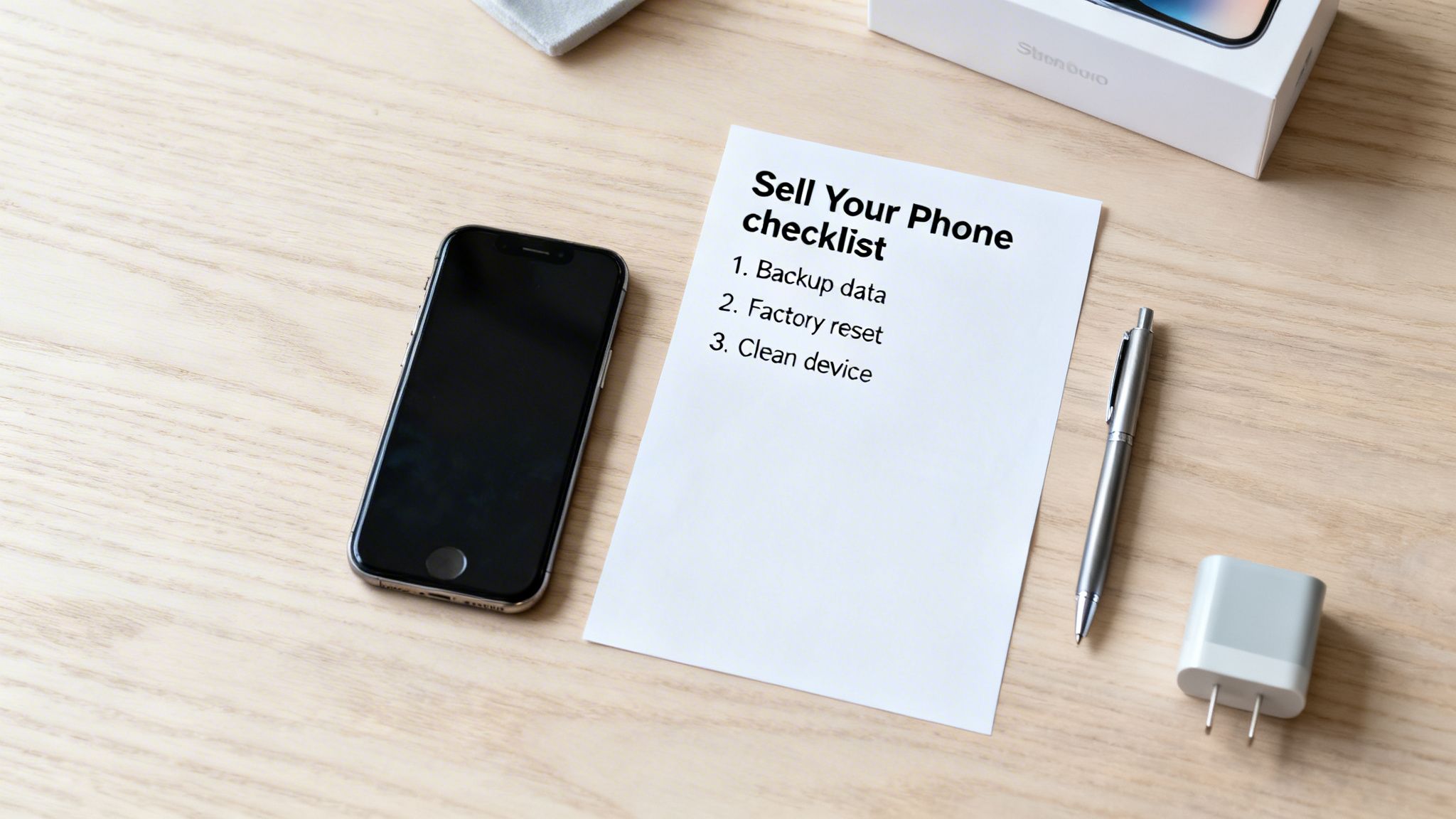Flat lay of a smartphone, a 'Sell Your Phone checklist', pen, and charger on a light wooden desk.