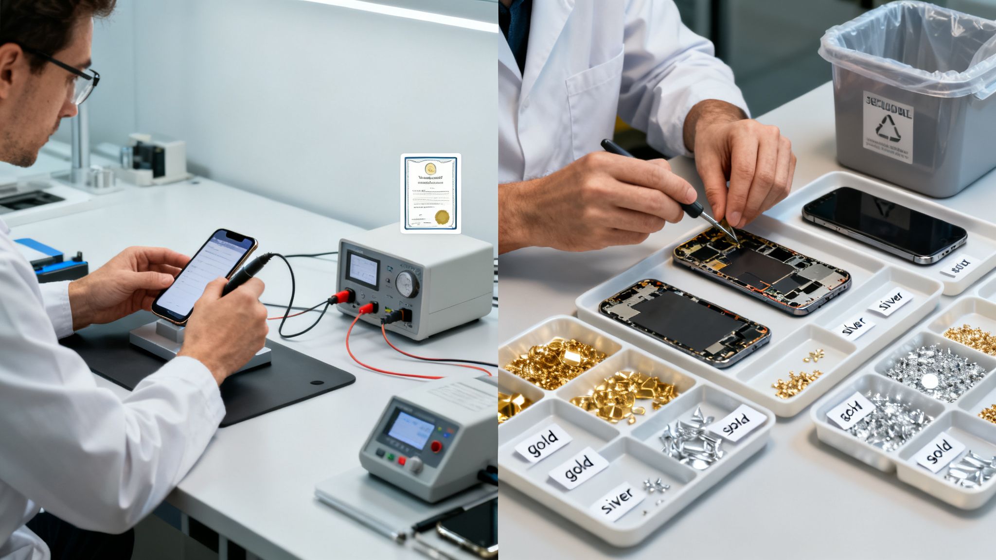 Technicians in lab coats testing and repairing mobile phones, surrounded by tools and sorted components.