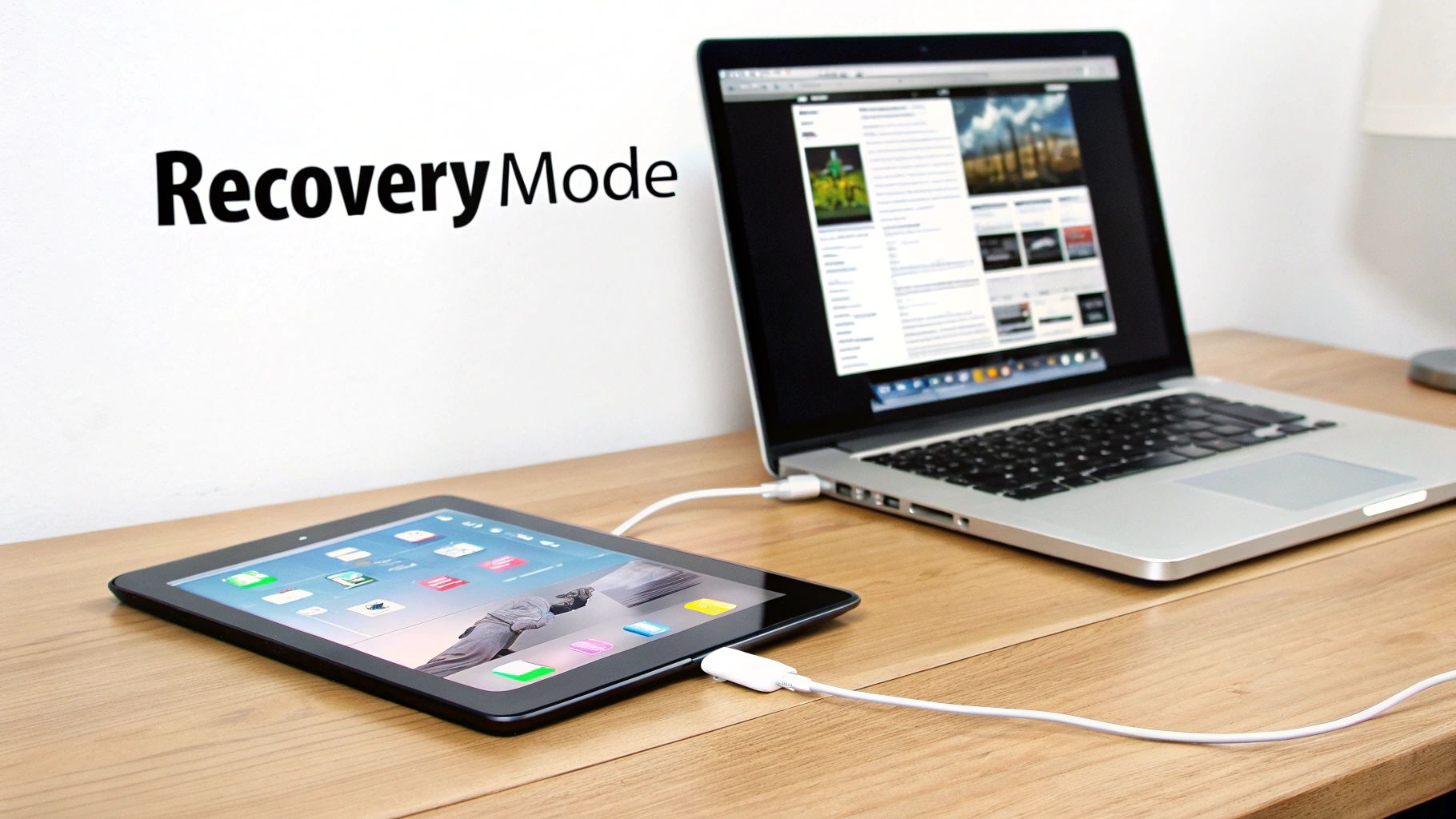 An iPad connected to a laptop with a cable, showing the restore screen in Finder on the laptop.