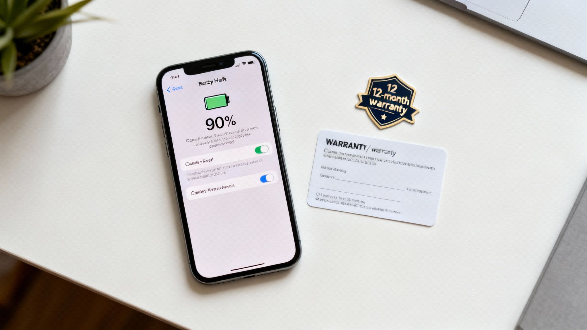 A smartphone displaying 90% battery health, accompanied by a 12-month warranty badge and card.