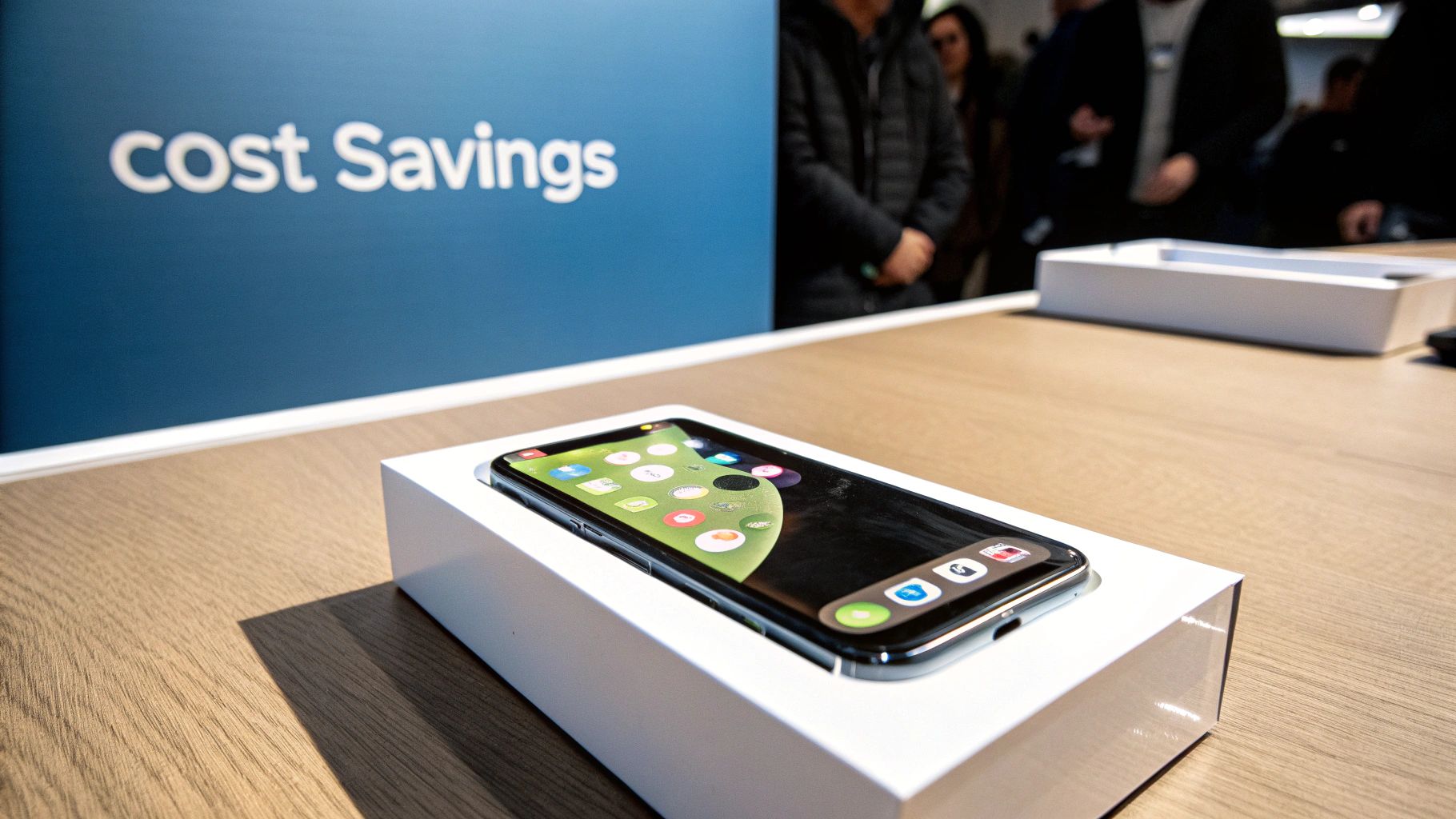 A person holding up a refurbished phone to inspect its quality.