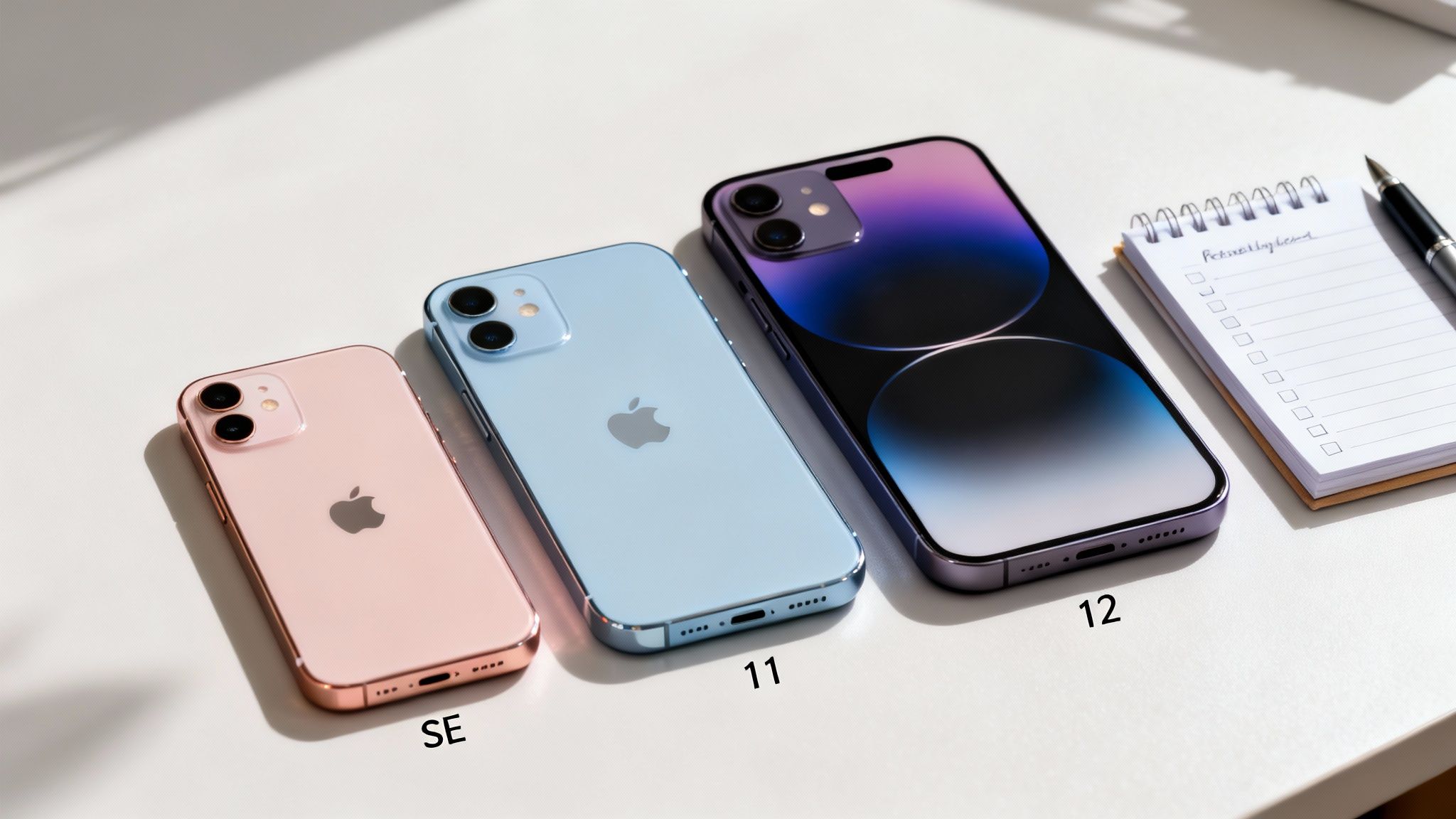 Three Apple iPhones (SE, 11, 12) in pink, blue, and purple, next to a notebook and pen.