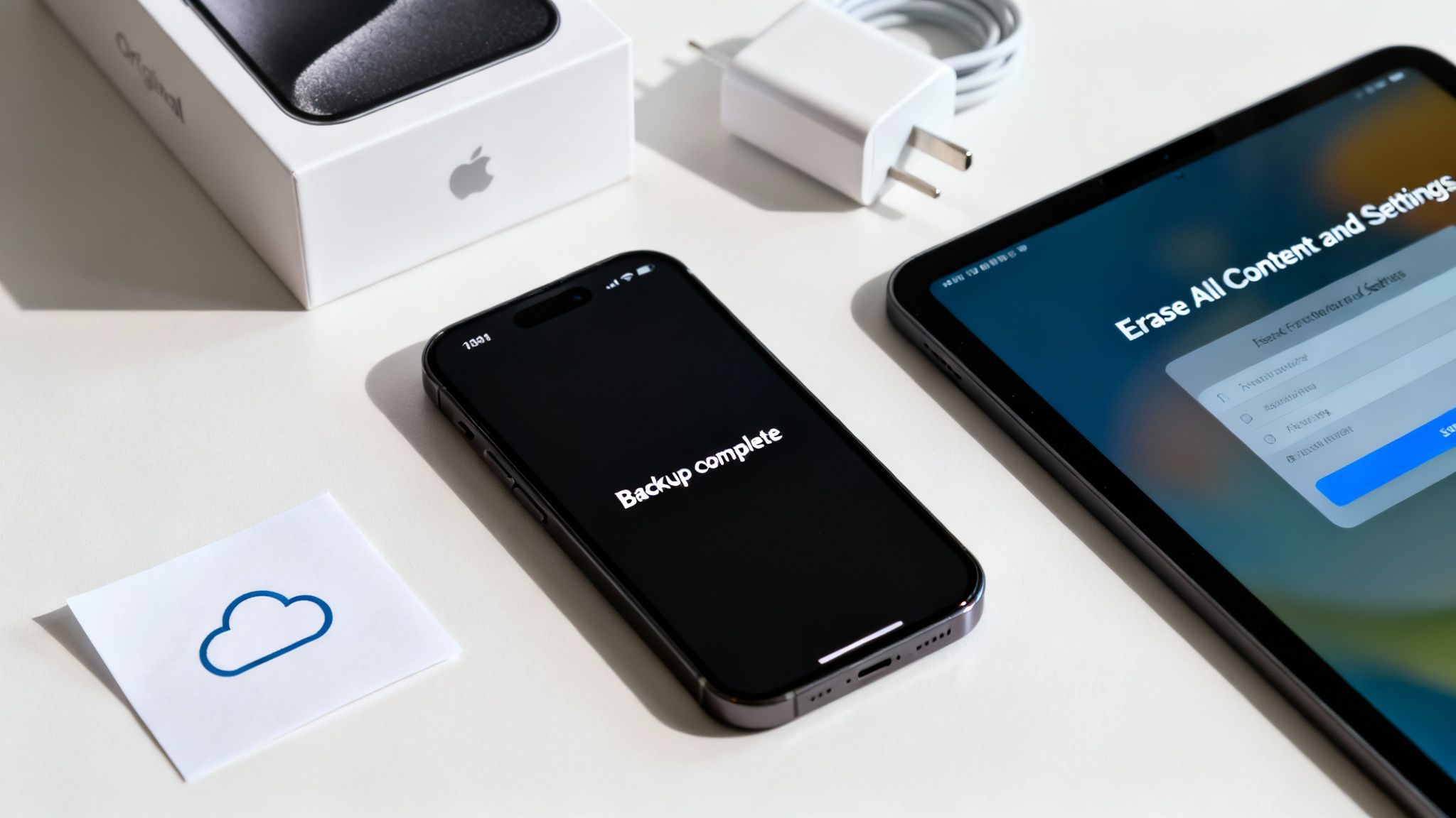 An iPhone displaying 'Backup complete' and an iPad showing 'Erase All Content and Settings' with Apple accessories.