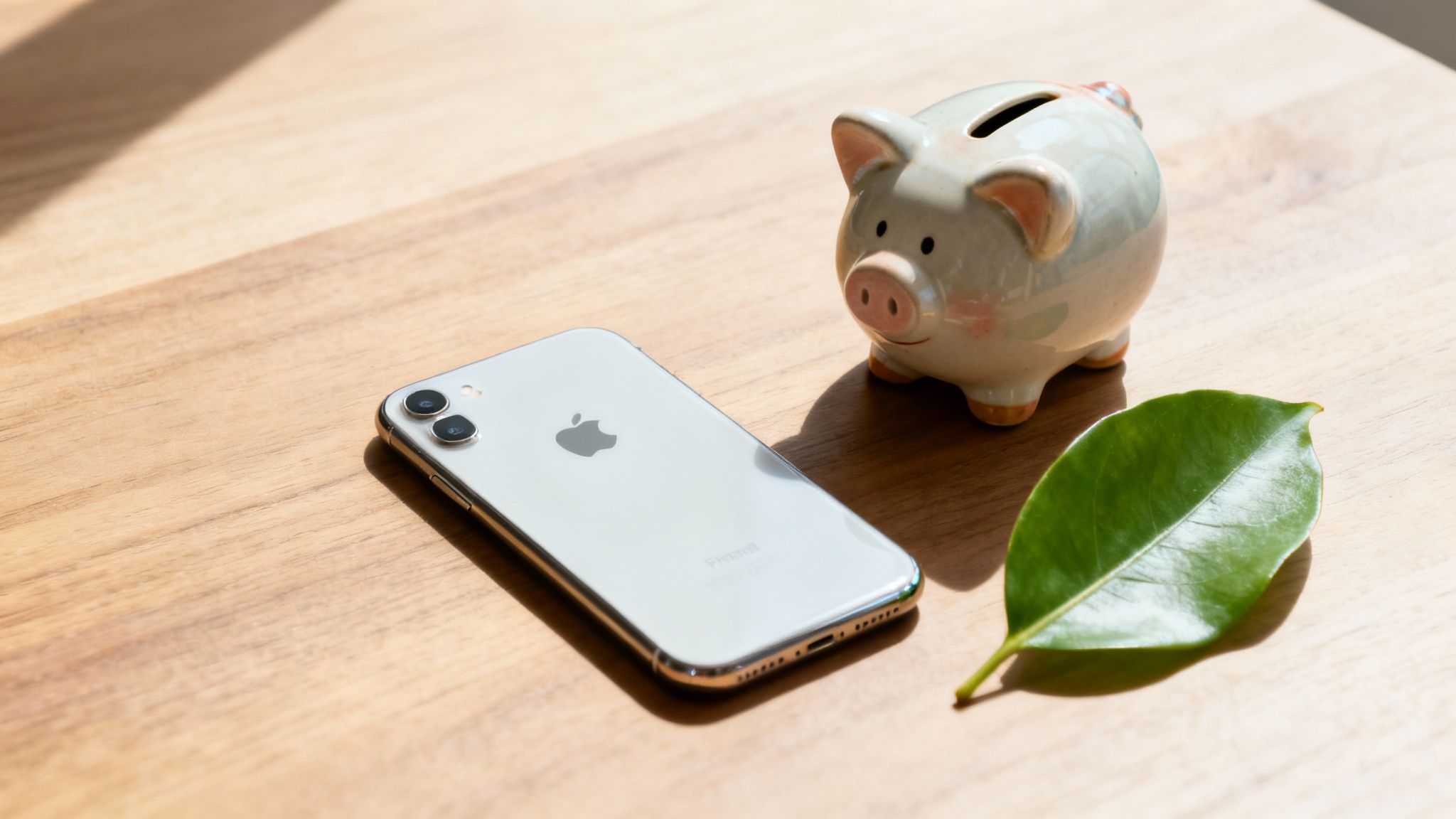 A silver iPhone next to a ceramic piggy bank and a green leaf on a wooden table.
