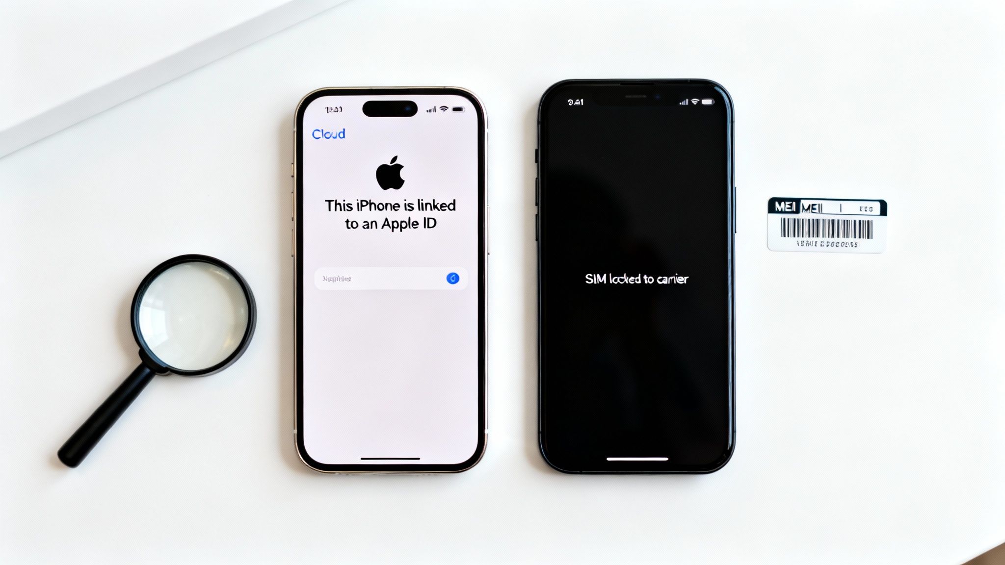 Two iPhones on a white surface, one displaying 'iCloud lock' and the other 'SIM locked to carrier'.