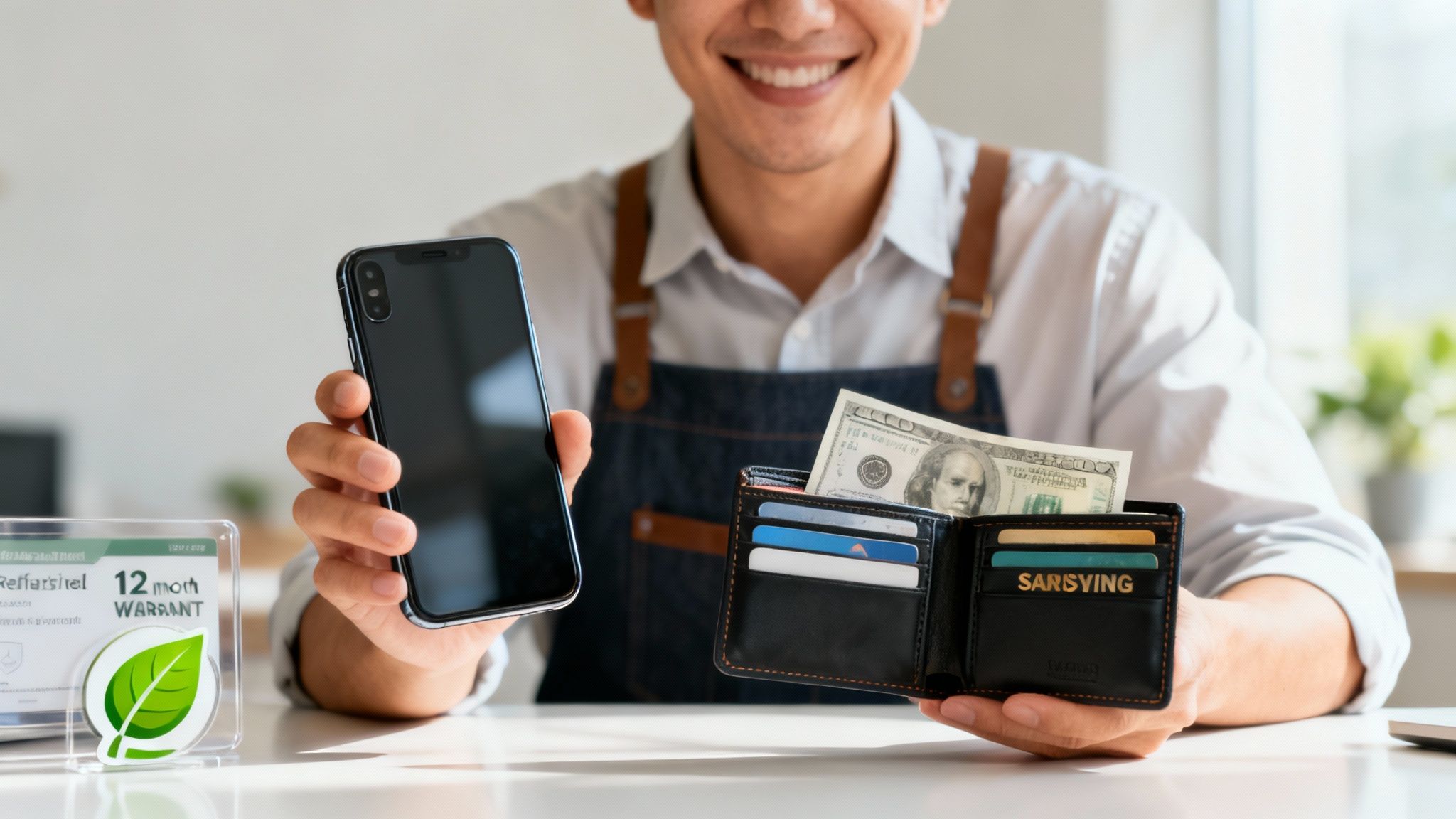 A smiling man holds a smartphone and a wallet with cash, credit cards, next to a '12-month warrant' sign.