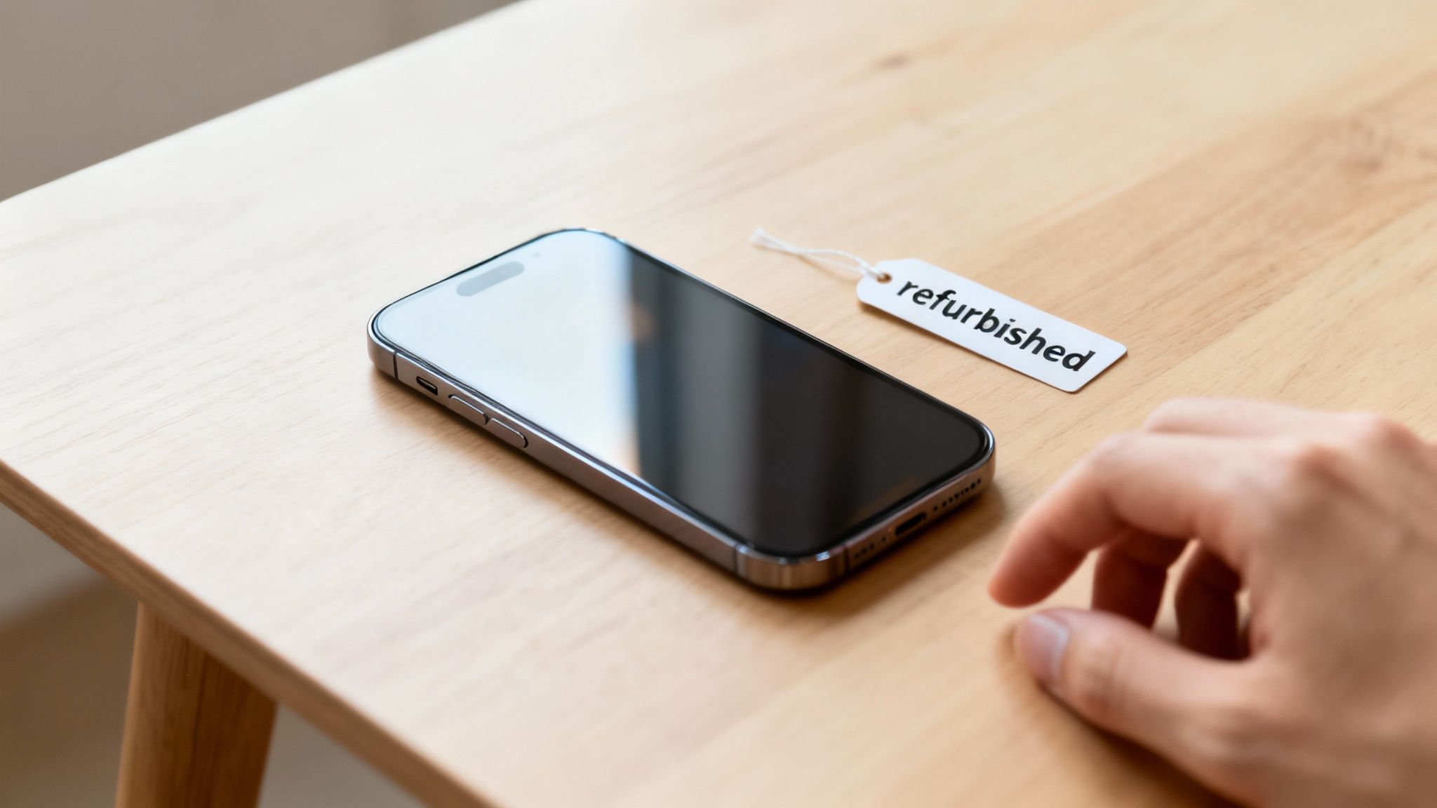 A refurbished smartphone with a tag rests on a light wooden table, next to a person's hand.